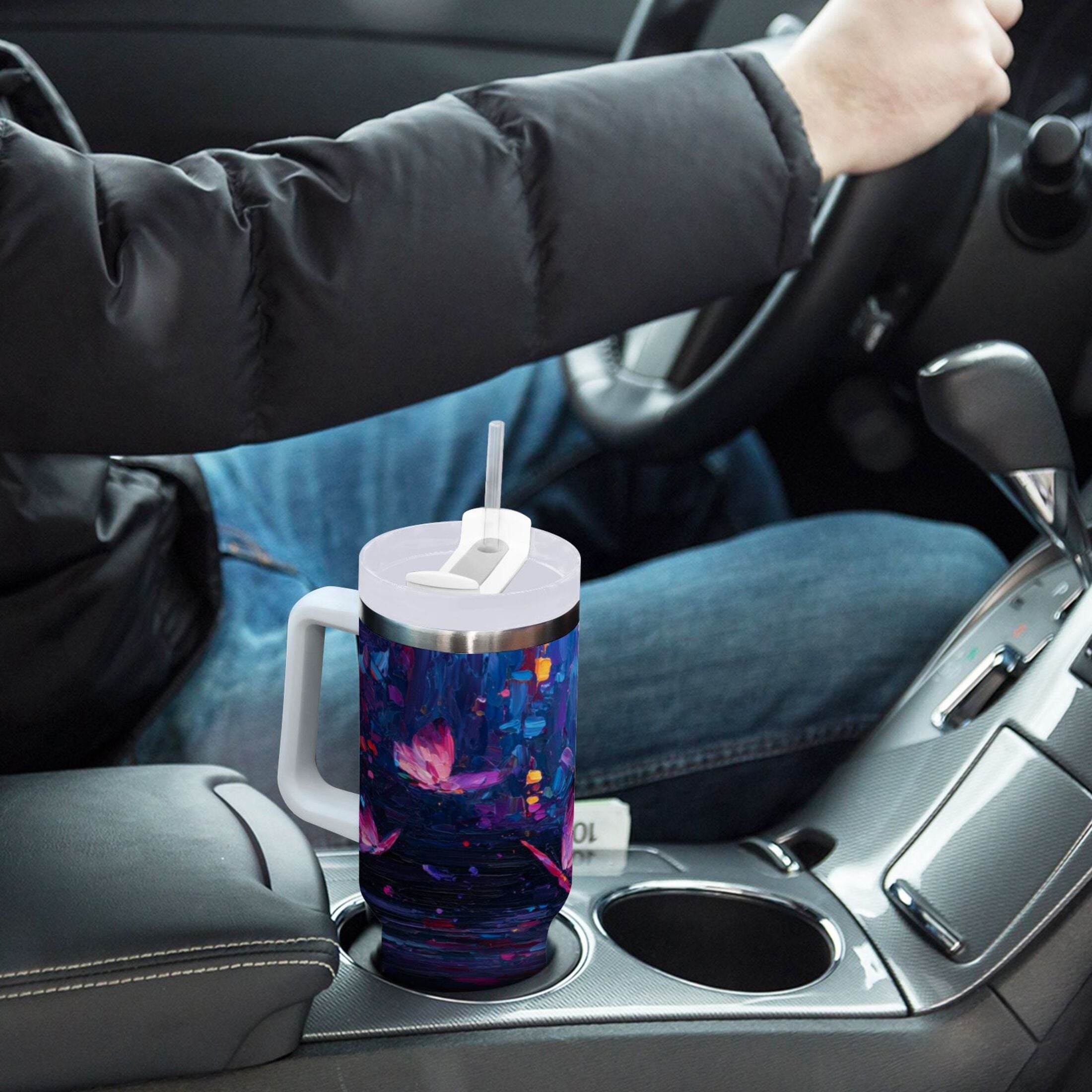 40 oz Insulated Stainless Steel Tumbler Double Wall Stainless Steel Tumbler with 2-Way Drinking Night Scene and Butterflies