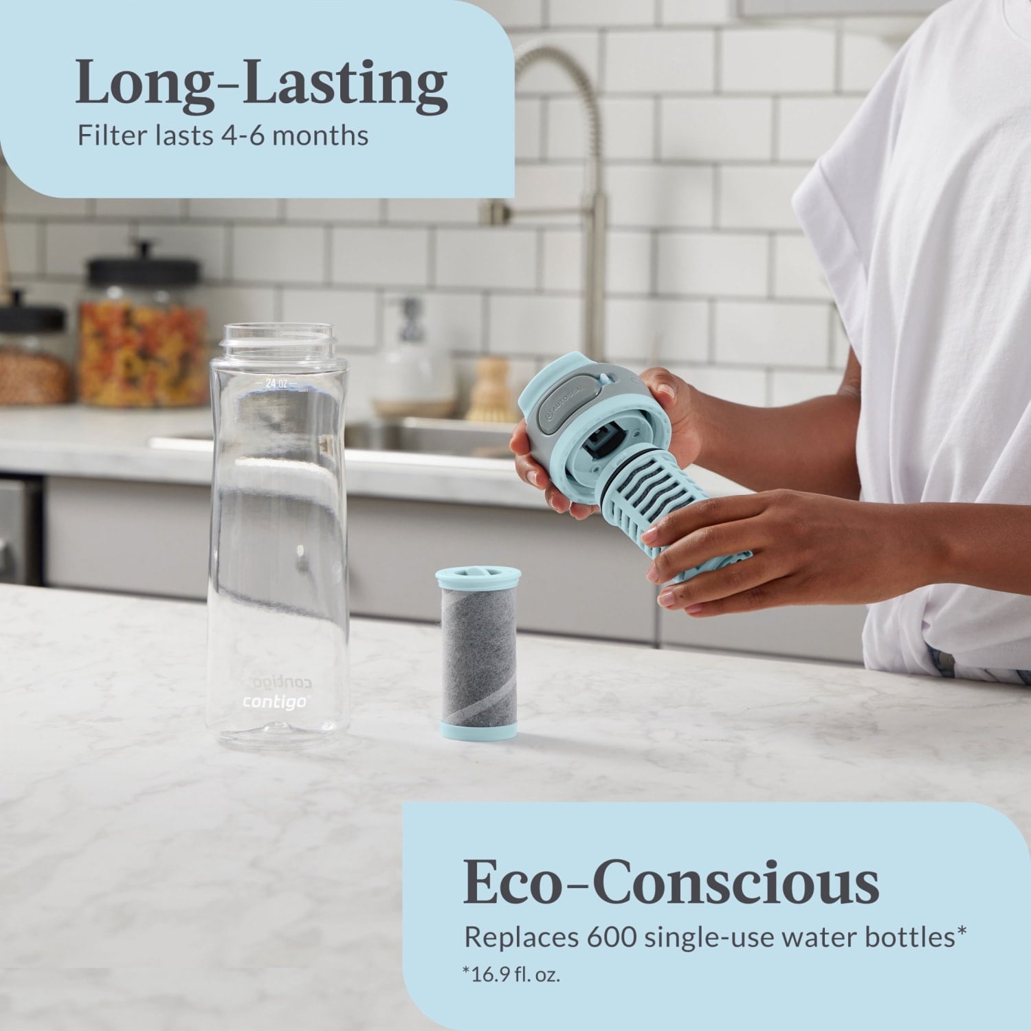 (2 pack) Contigo Clybourn Plastic FreeFlow Filter Water Bottle with AUTOSEAL Lid 24 oz., Salt, with Replacable Filter