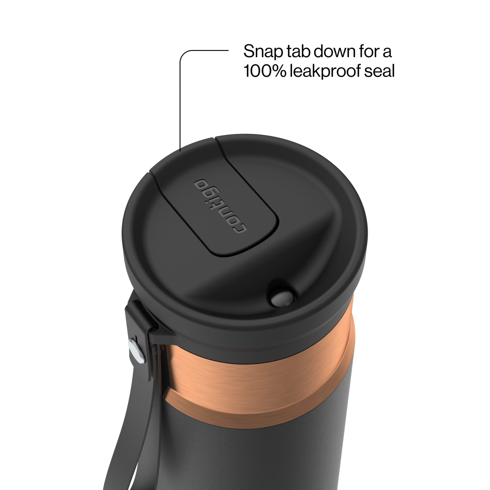 Contigo SnapSeal Leakproof Stainless Steel Reusable Water Bottle with Carrying Strap, Black/Bronze, 16 oz