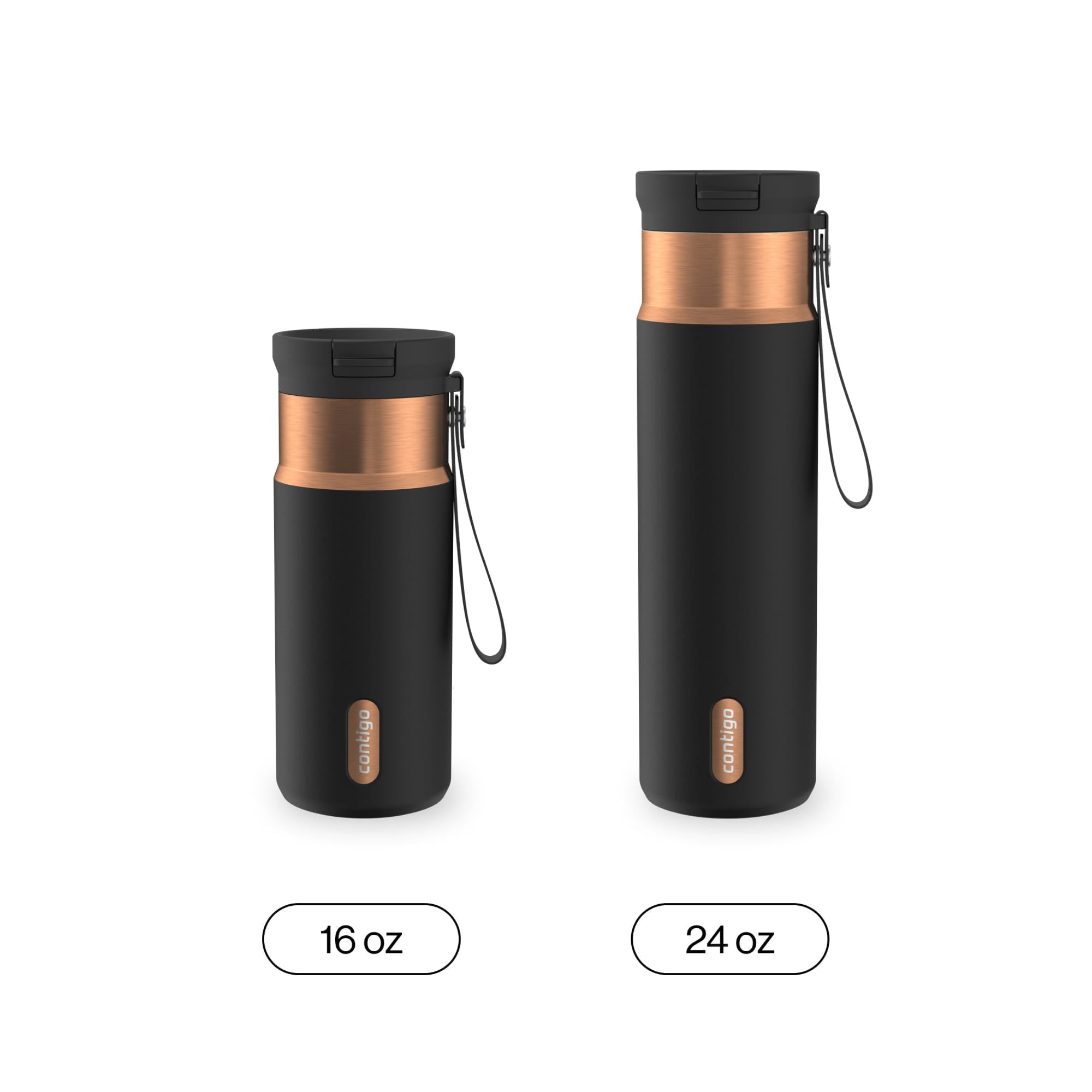Contigo SnapSeal Leakproof Stainless Steel Reusable Water Bottle with Carrying Strap, Black/Bronze, 16 oz