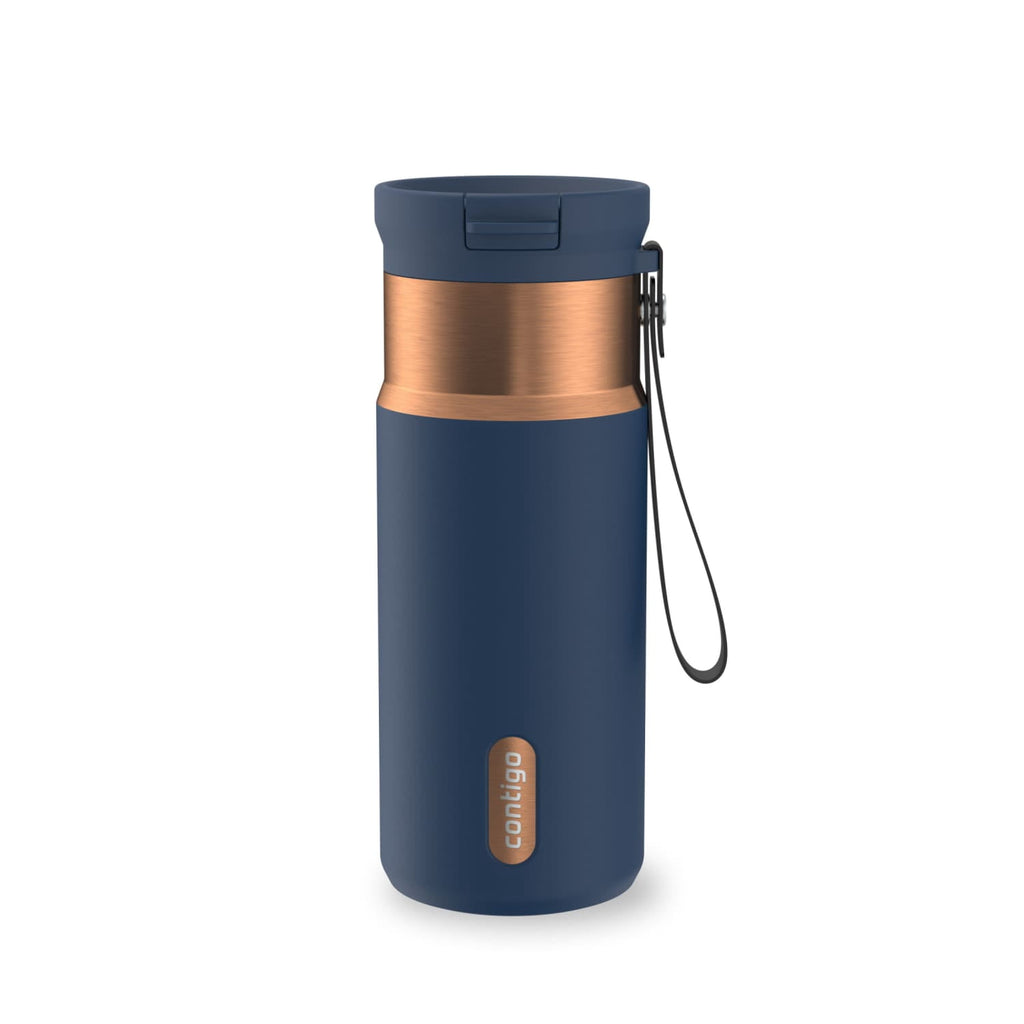 Contigo SnapSeal Leakproof Stainless Steel Reusable Water Bottle with Carrying Strap, Black/Bronze, 16 oz
