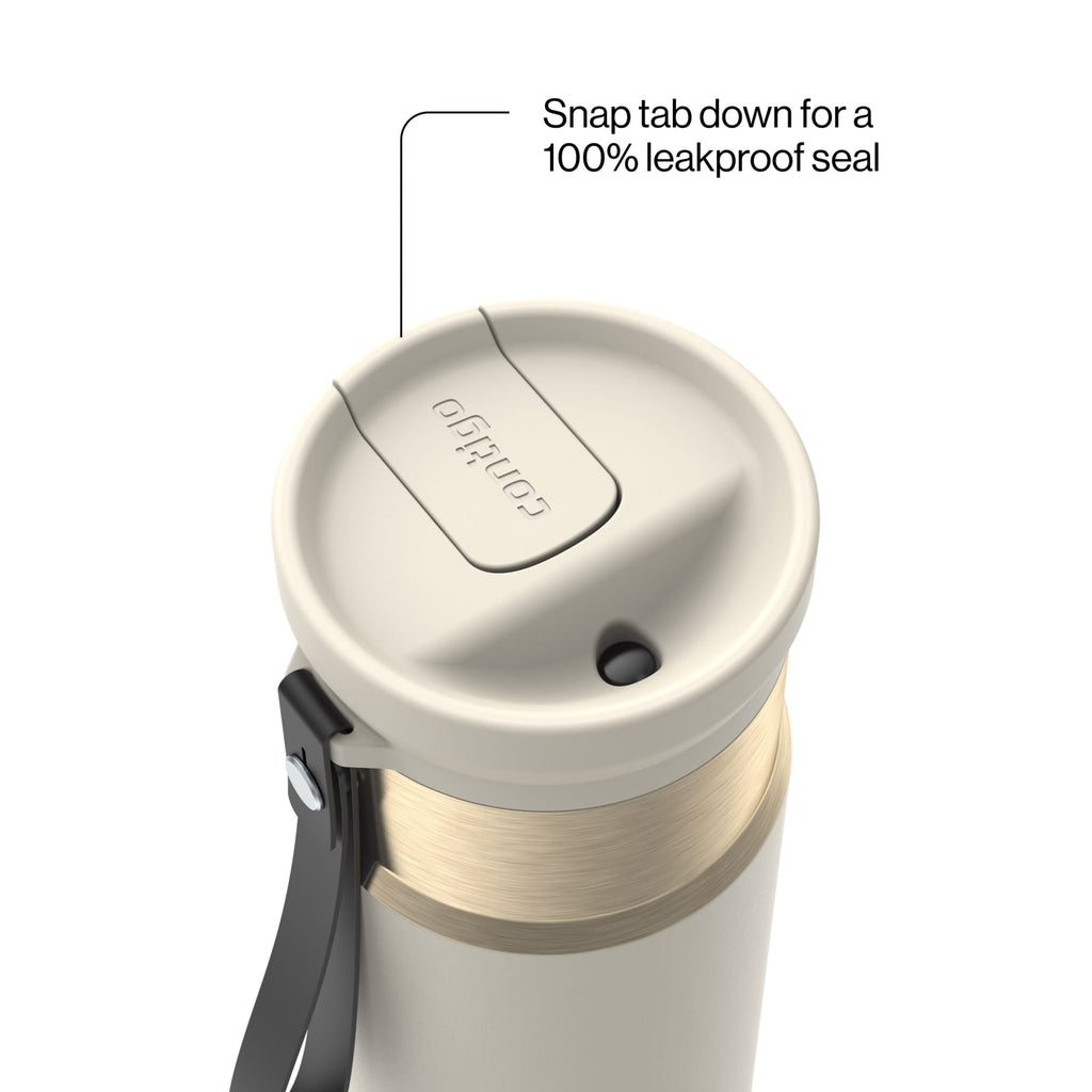 Contigo SnapSeal Leakproof Stainless Steel Reusable Water Bottle with Carrying Strap, Black/Bronze, 16 oz