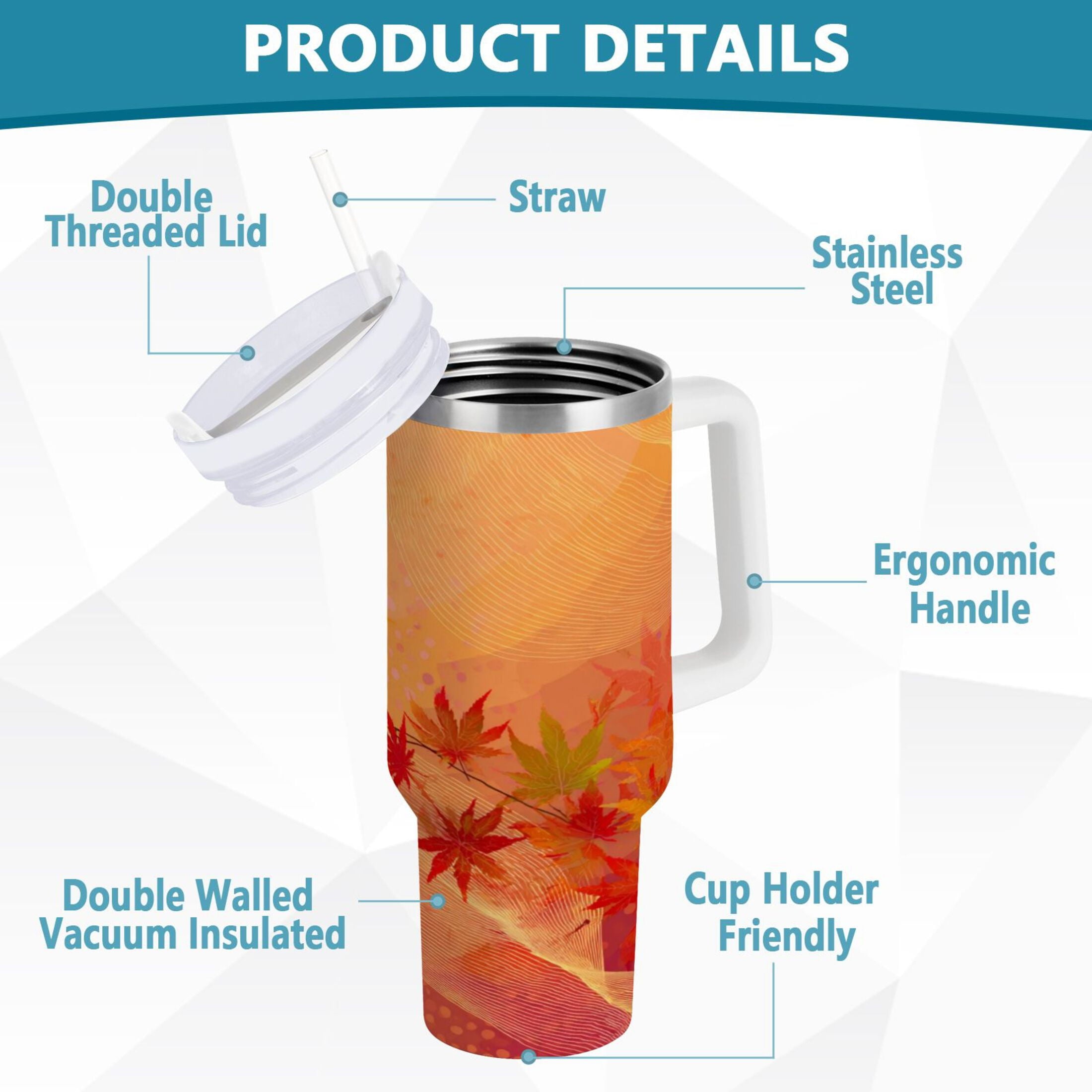 40 oz Insulated Stainless Steel Tumbler Double Wall Stainless Steel Tumbler with 2-Way Drinking Red Maple Leaves in Autumn