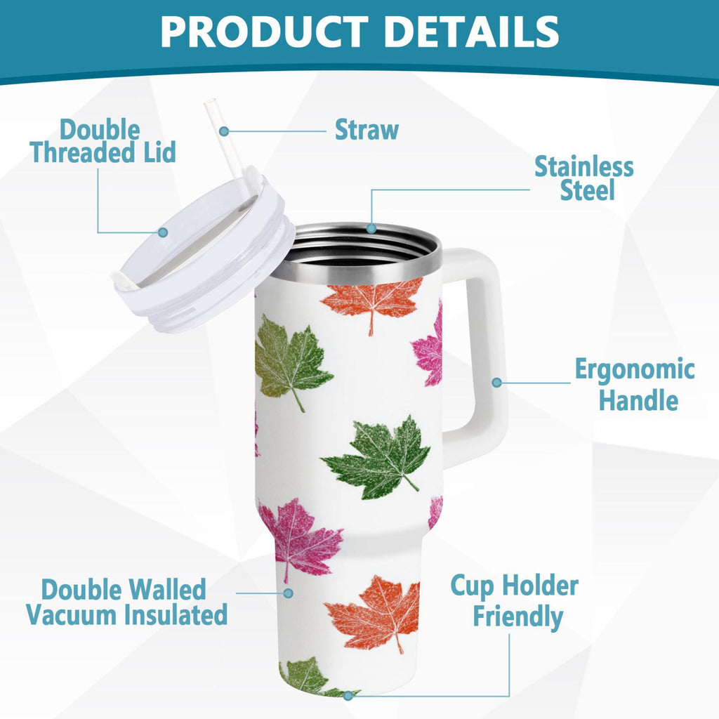 40 oz Insulated Stainless Steel Tumbler Double Wall Stainless Steel Tumbler with 2-Way Drinking Pink Maple Leaf