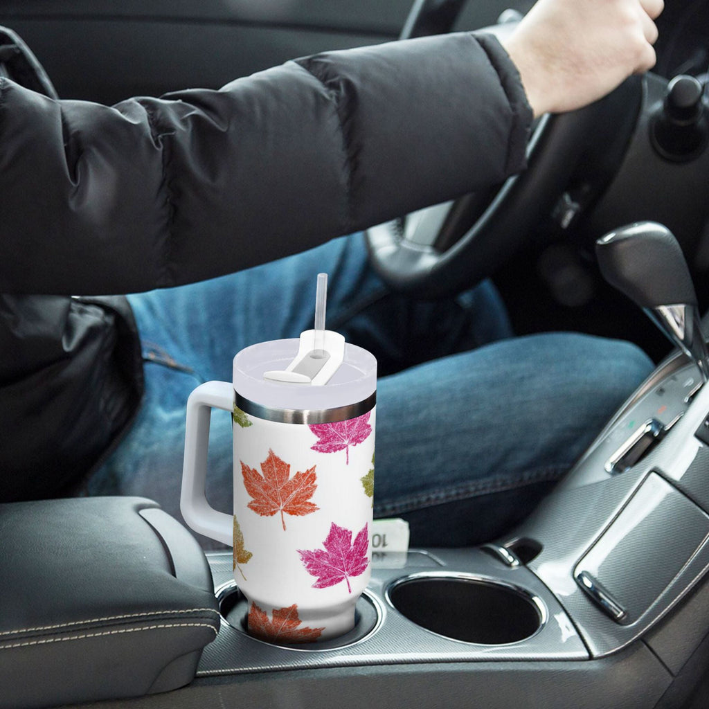 40 oz Insulated Stainless Steel Tumbler Double Wall Stainless Steel Tumbler with 2-Way Drinking Pink Maple Leaf