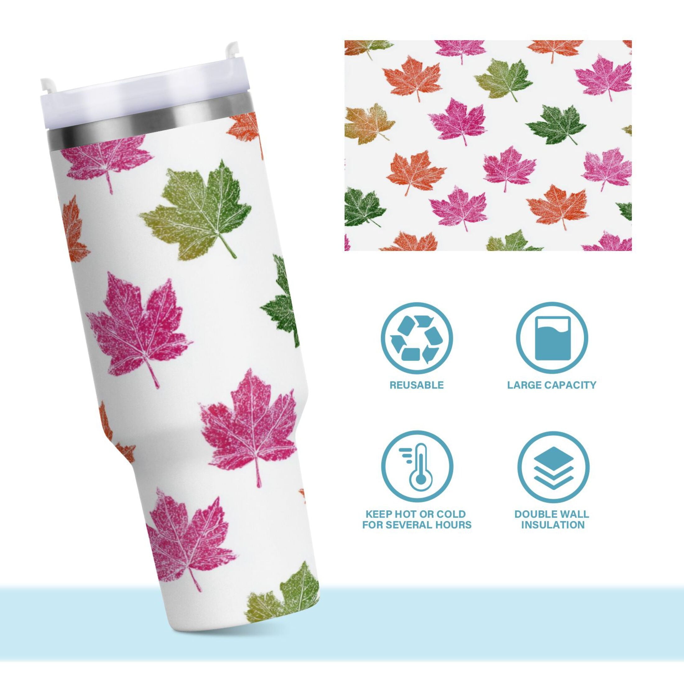 40 oz Insulated Stainless Steel Tumbler Double Wall Stainless Steel Tumbler with 2-Way Drinking Pink Maple Leaf