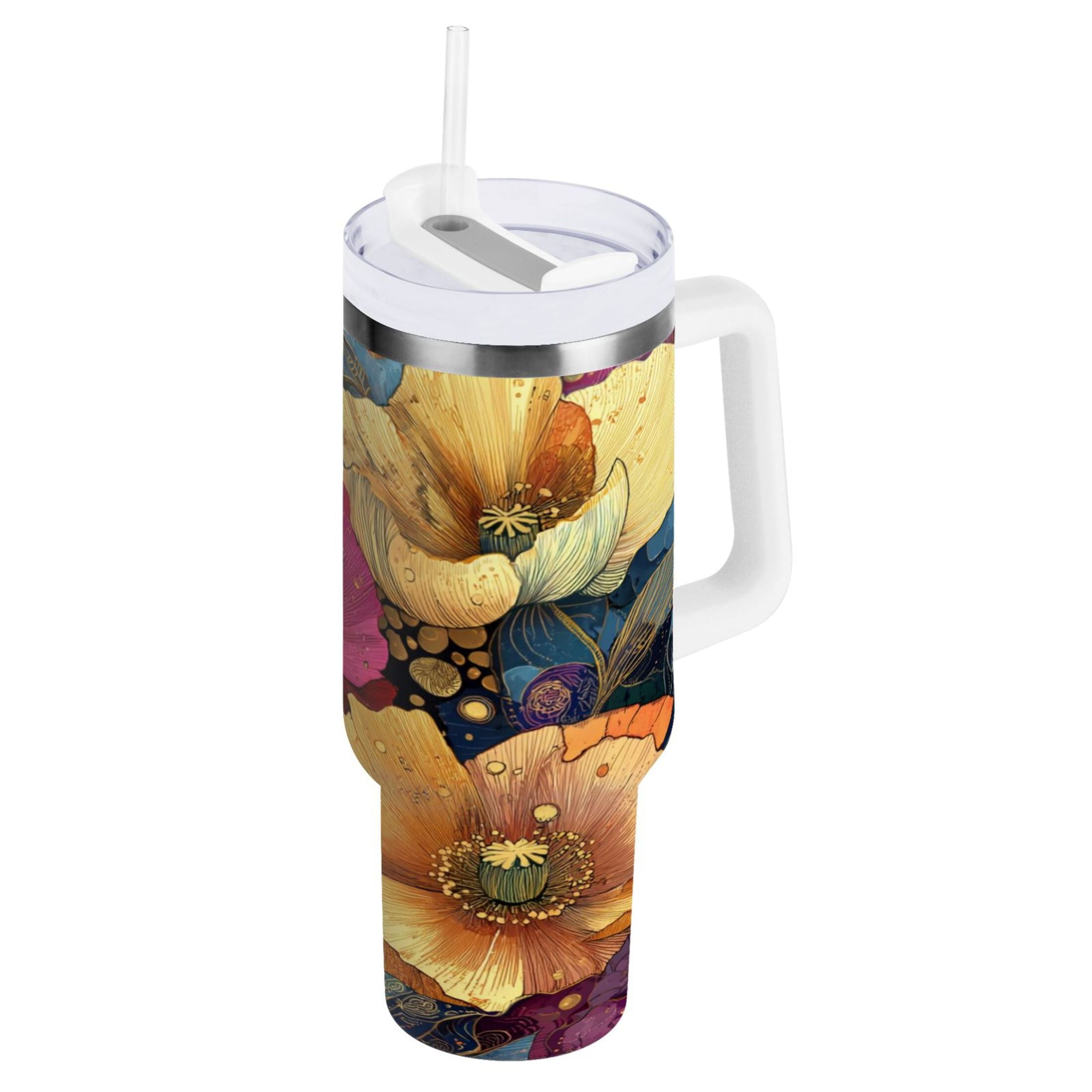 40 oz Insulated Stainless Steel Tumbler Double Wall Stainless Steel Tumbler with 2-Way Drinking Vibrant and Intricate Flowers