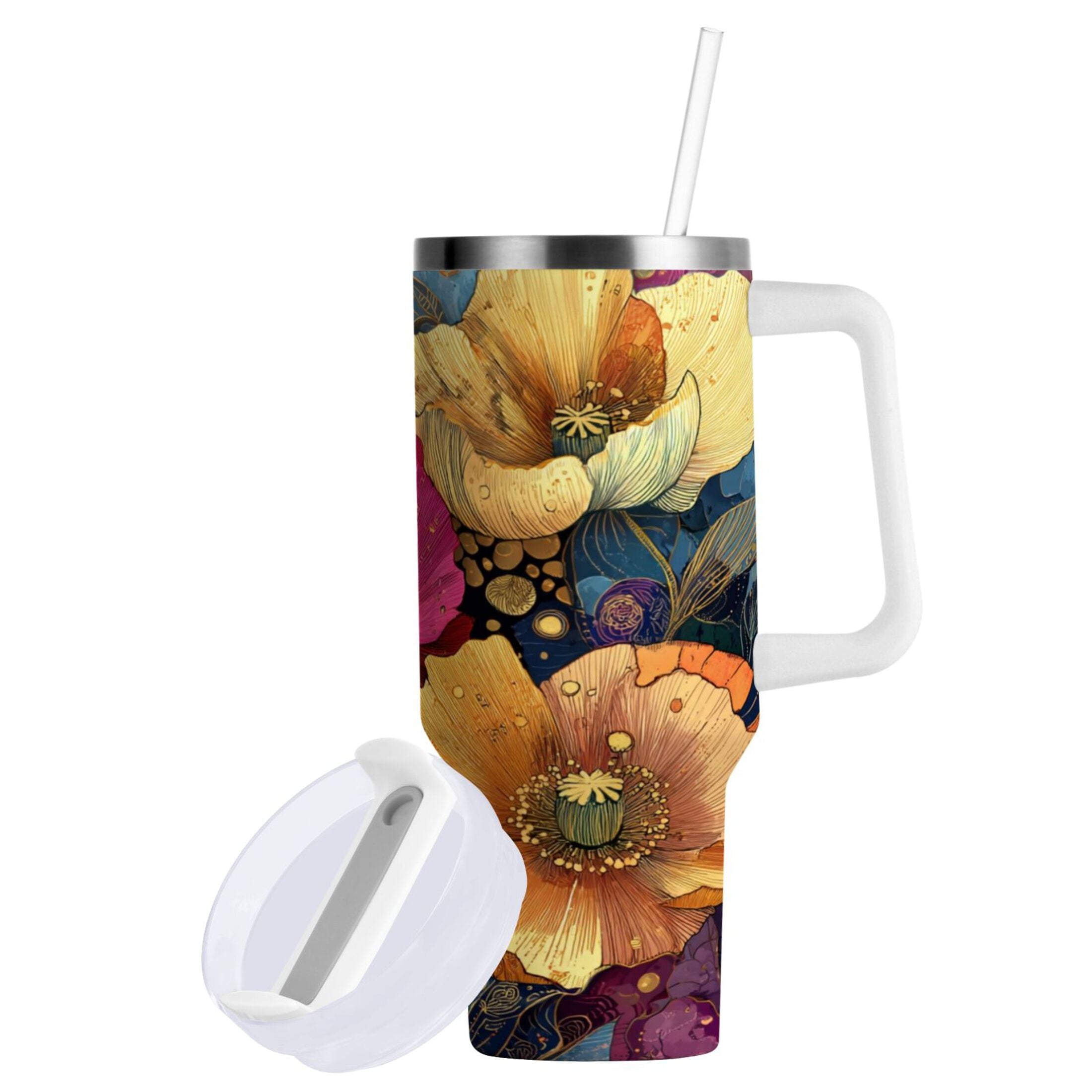 40 oz Insulated Stainless Steel Tumbler Double Wall Stainless Steel Tumbler with 2-Way Drinking Vibrant and Intricate Flowers