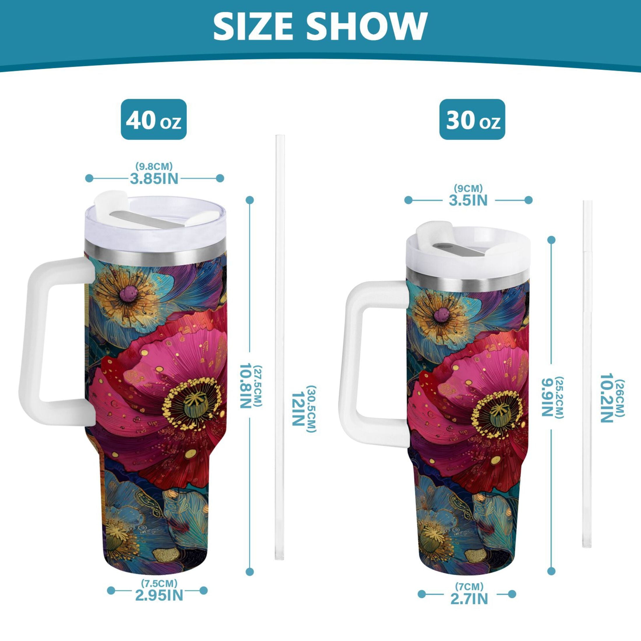 40 oz Insulated Stainless Steel Tumbler Double Wall Stainless Steel Tumbler with 2-Way Drinking Vibrant and Intricate Flowers