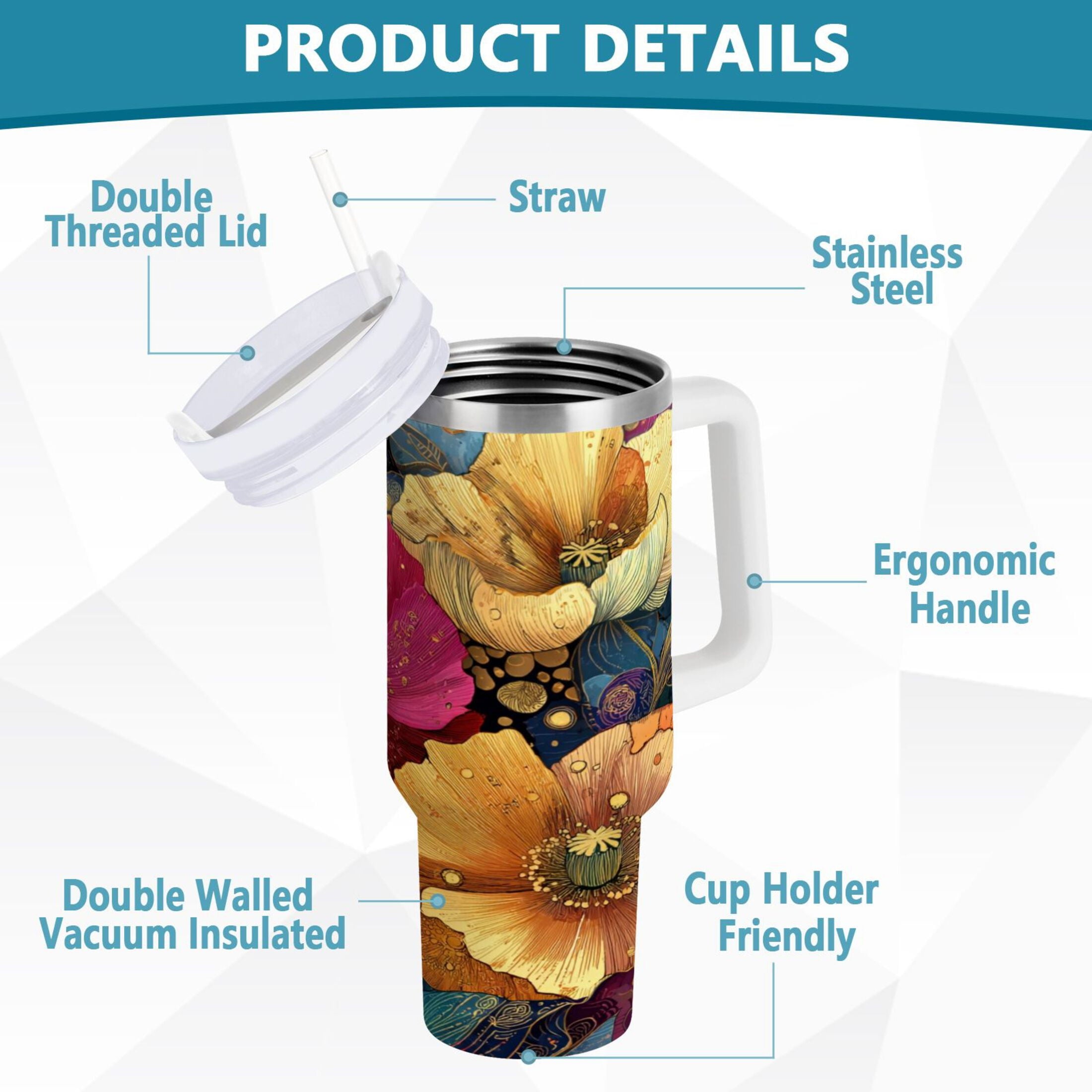 40 oz Insulated Stainless Steel Tumbler Double Wall Stainless Steel Tumbler with 2-Way Drinking Vibrant and Intricate Flowers