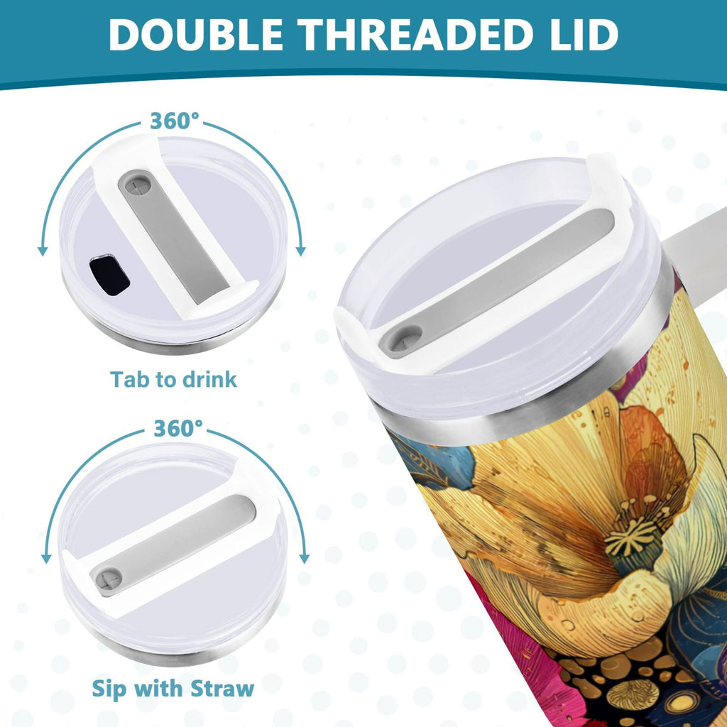 40 oz Insulated Stainless Steel Tumbler Double Wall Stainless Steel Tumbler with 2-Way Drinking Vibrant and Intricate Flowers