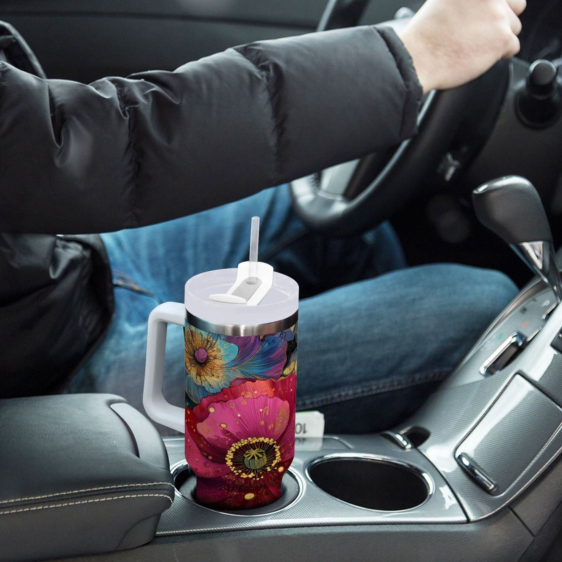 40 oz Insulated Stainless Steel Tumbler Double Wall Stainless Steel Tumbler with 2-Way Drinking Vibrant and Intricate Flowers