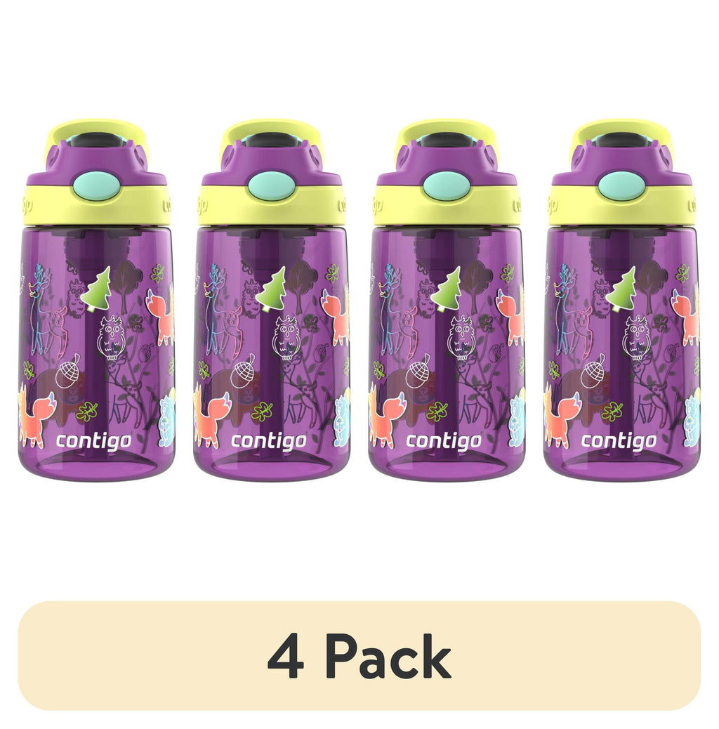 (4 pack) Contigo Kids Water Bottle with Redesigned AUTOSPOUT Straw, 14 oz, Grape Forest Haven