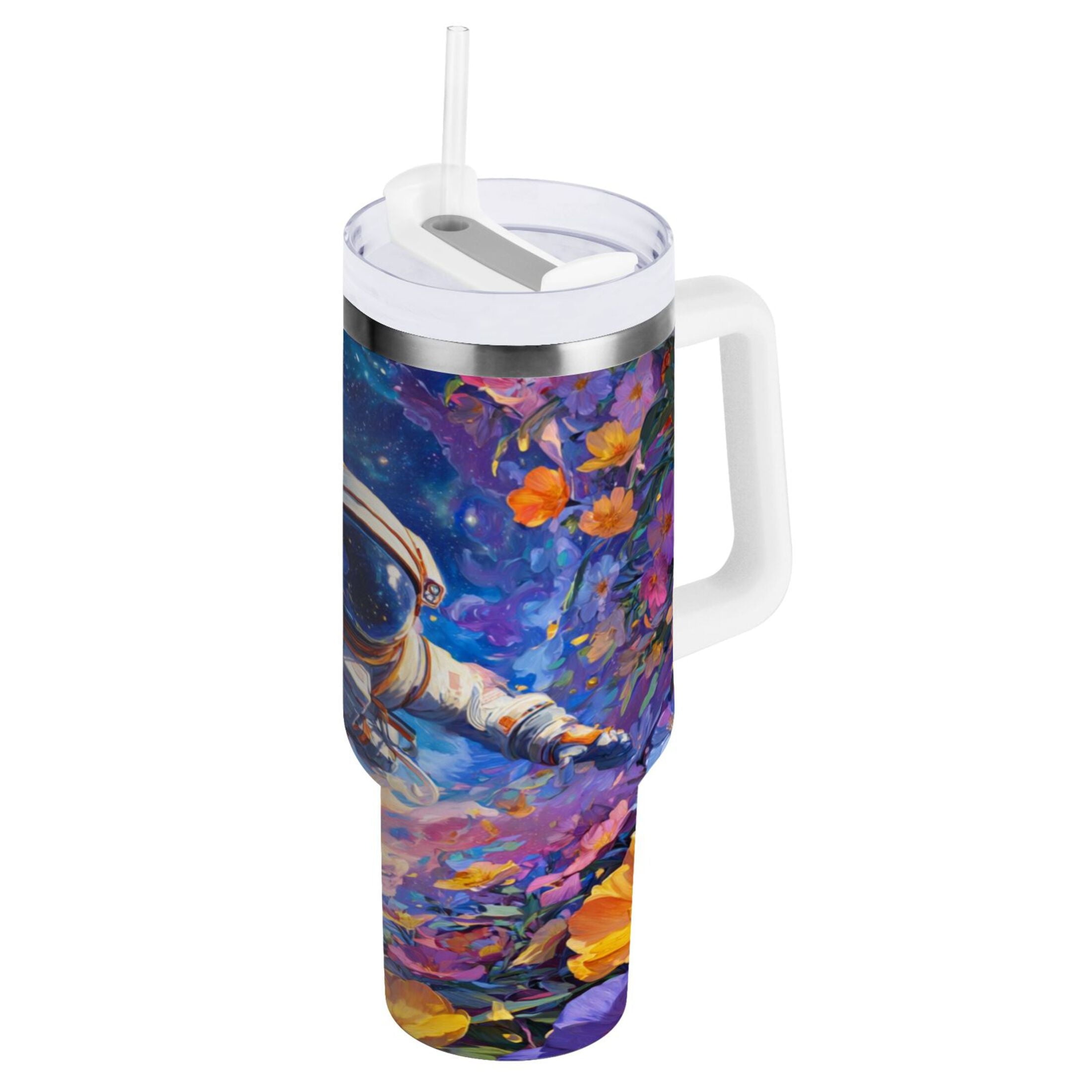 40 oz Insulated Stainless Steel Tumbler Double Wall Stainless Steel Tumbler with 2-Way Drinking Astronaut and Colorful Flowers