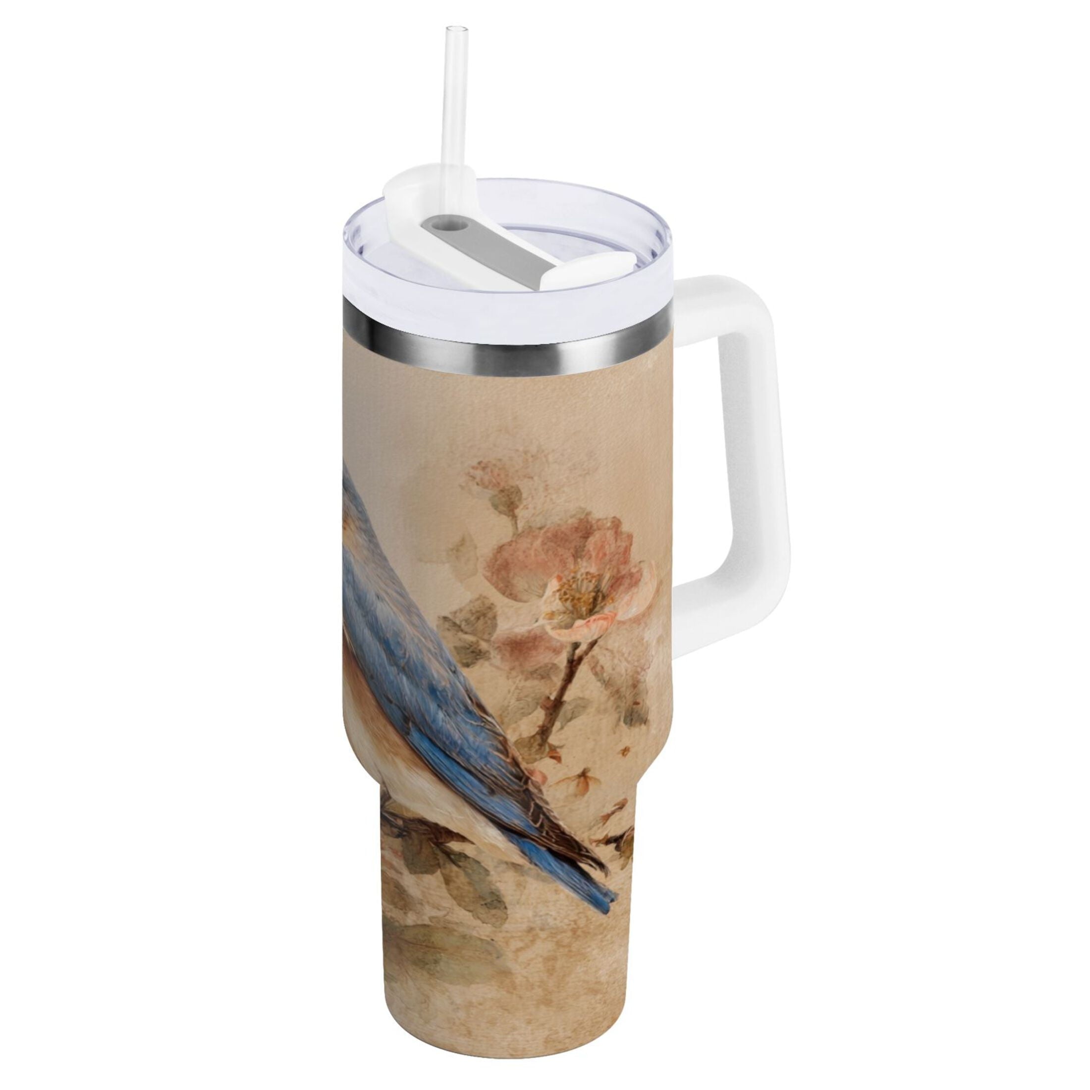 40 oz Insulated Stainless Steel Tumbler Double Wall Stainless Steel Tumbler with 2-Way Drinking Bluebird and Ancient Flowers