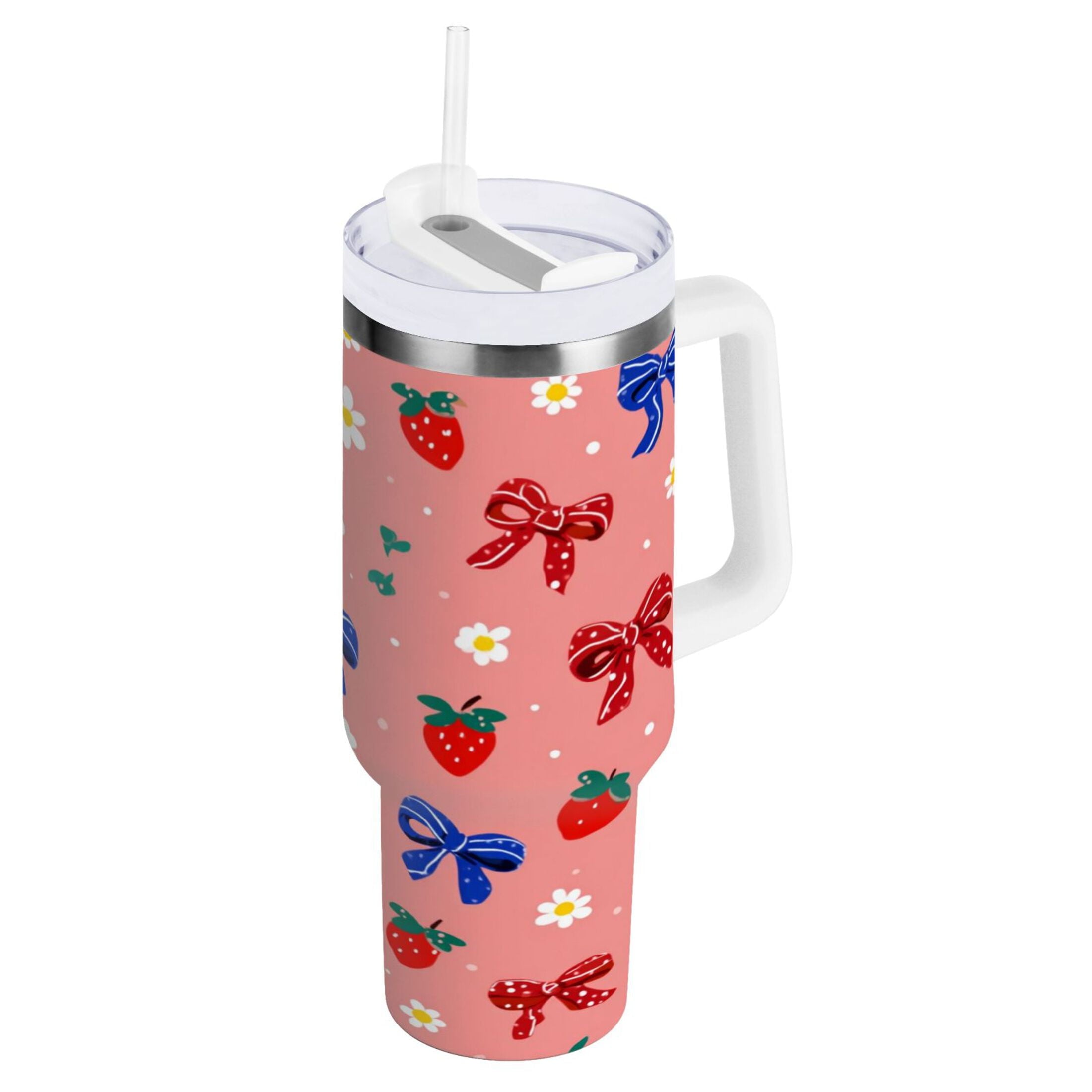 40 oz Insulated Stainless Steel Tumbler Double Wall Stainless Steel Tumbler with 2-Way Drinking Bows and Strawberries Pattern