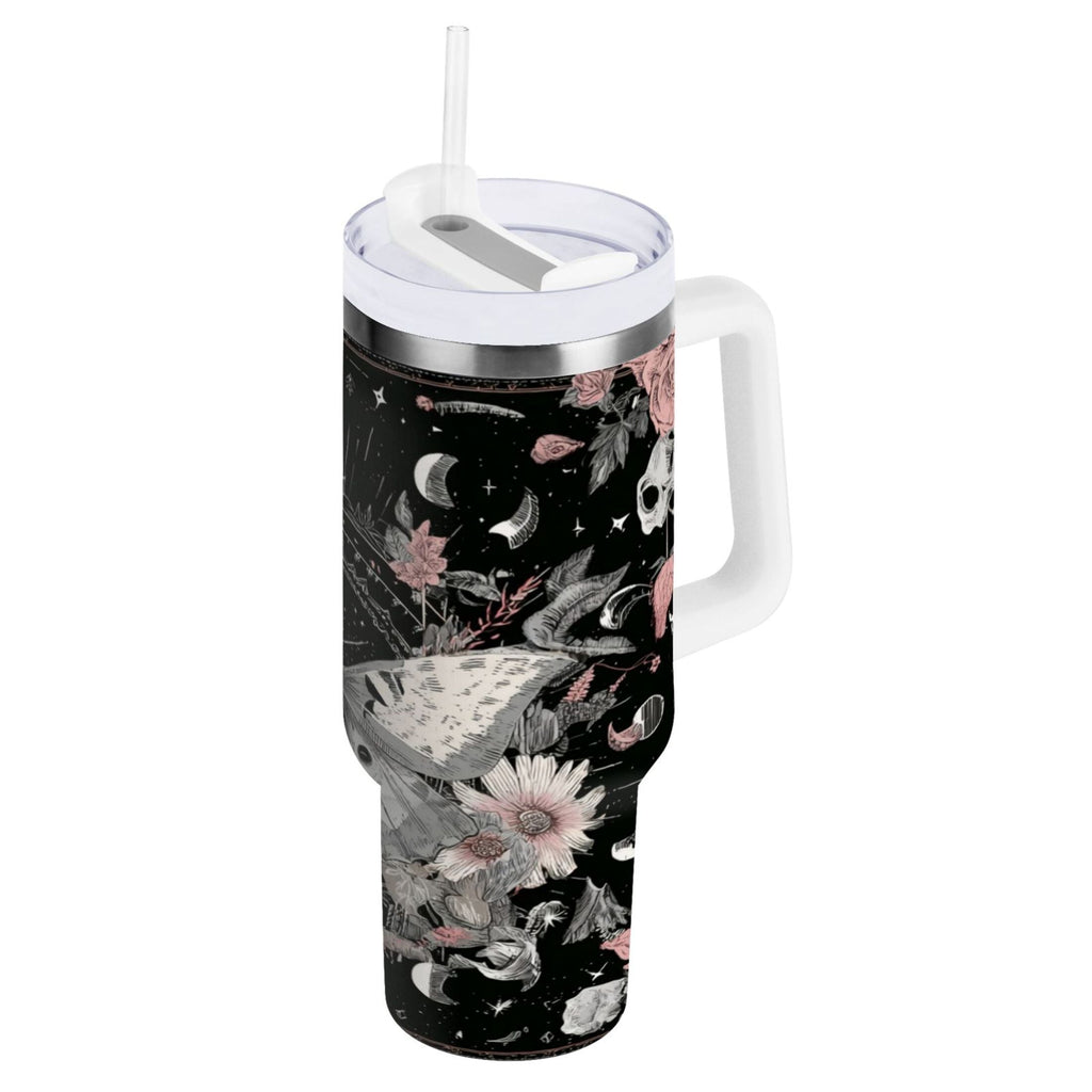 40 oz Insulated Stainless Steel Tumbler Double Wall Stainless Steel Tumbler with 2-Way Drinking Butterfly Surrounded by Flowers