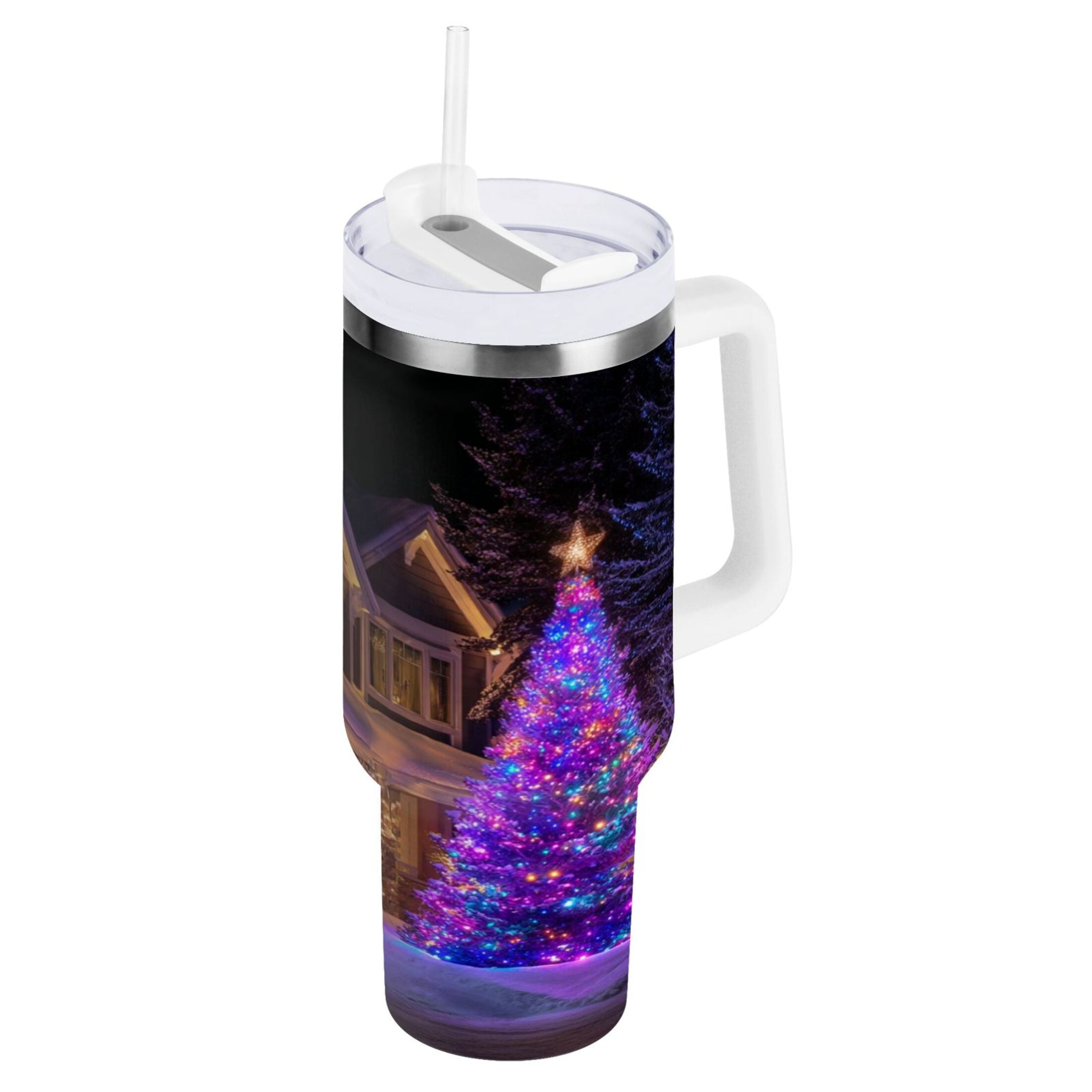 40 oz Insulated Stainless Steel Tumbler Double Wall Stainless Steel Tumbler with 2-Way Drinking Christmas Trees with Lights