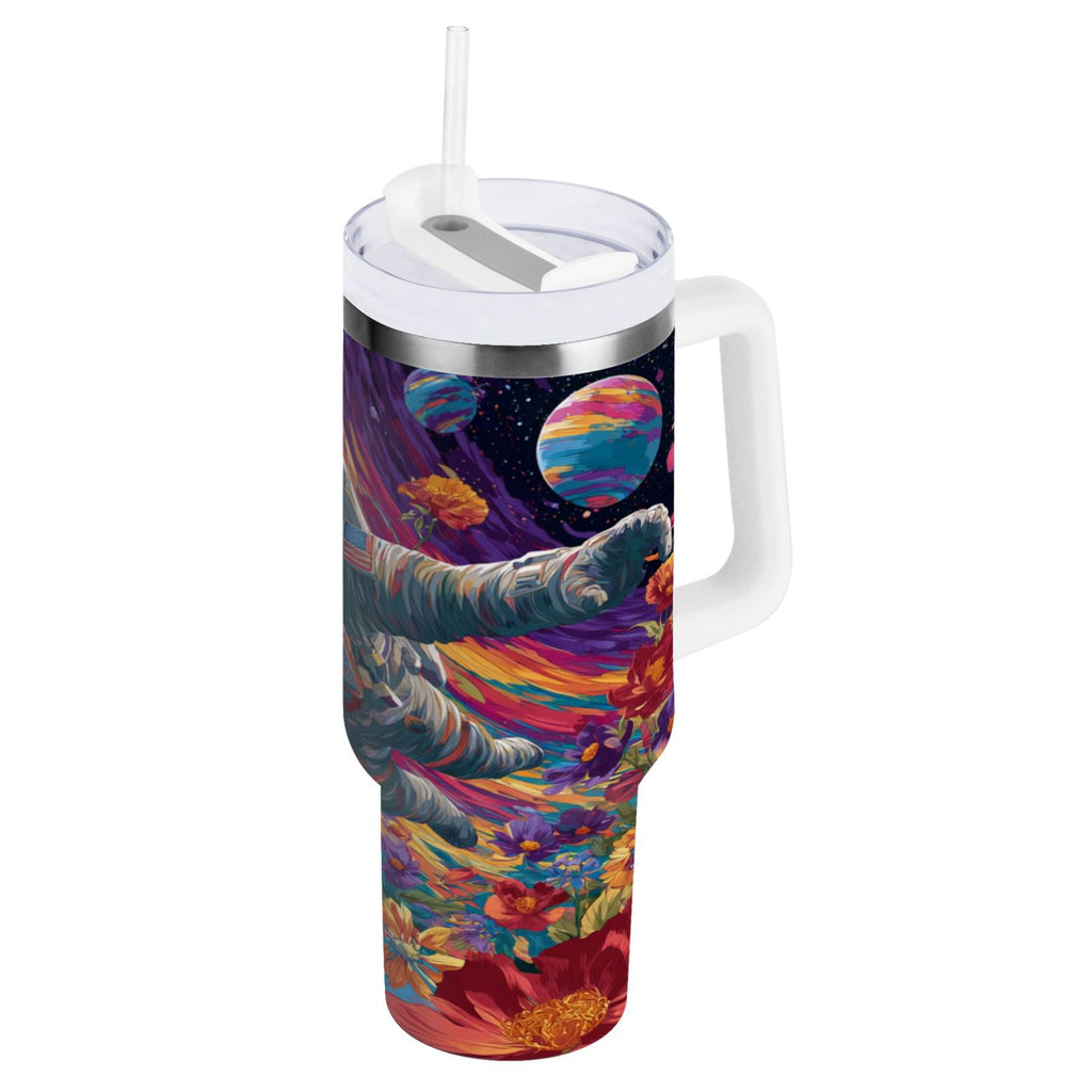 40 oz Insulated Stainless Steel Tumbler Double Wall Stainless Steel Tumbler with 2-Way Drinking Colorful Flowers and Planets