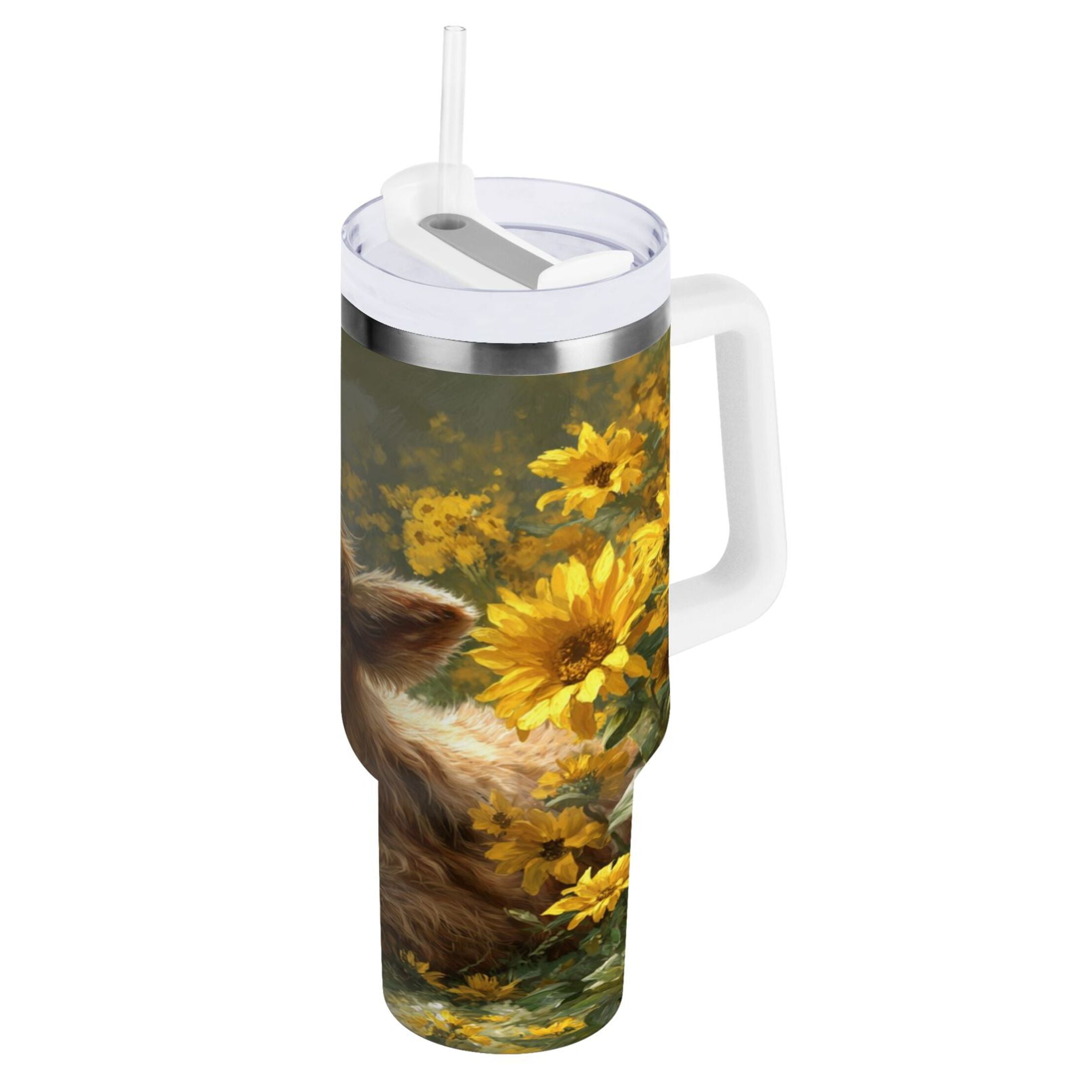 40 oz Insulated Stainless Steel Tumbler Double Wall Stainless Steel Tumbler with 2-Way Drinking Cow Lying in Sunflowers
