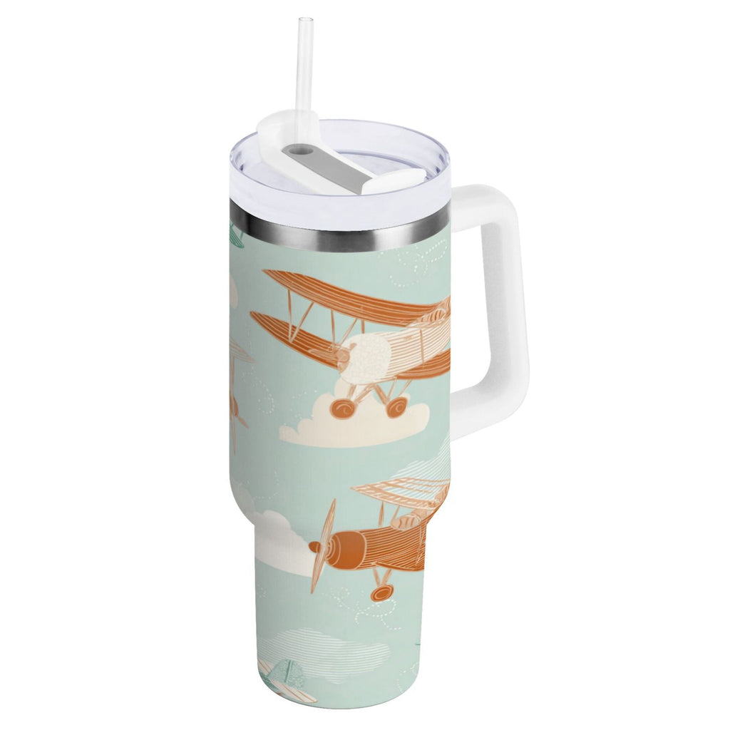 40 oz Insulated Stainless Steel Tumbler Double Wall Stainless Steel Tumbler with 2-Way Drinking Cute Airplanes