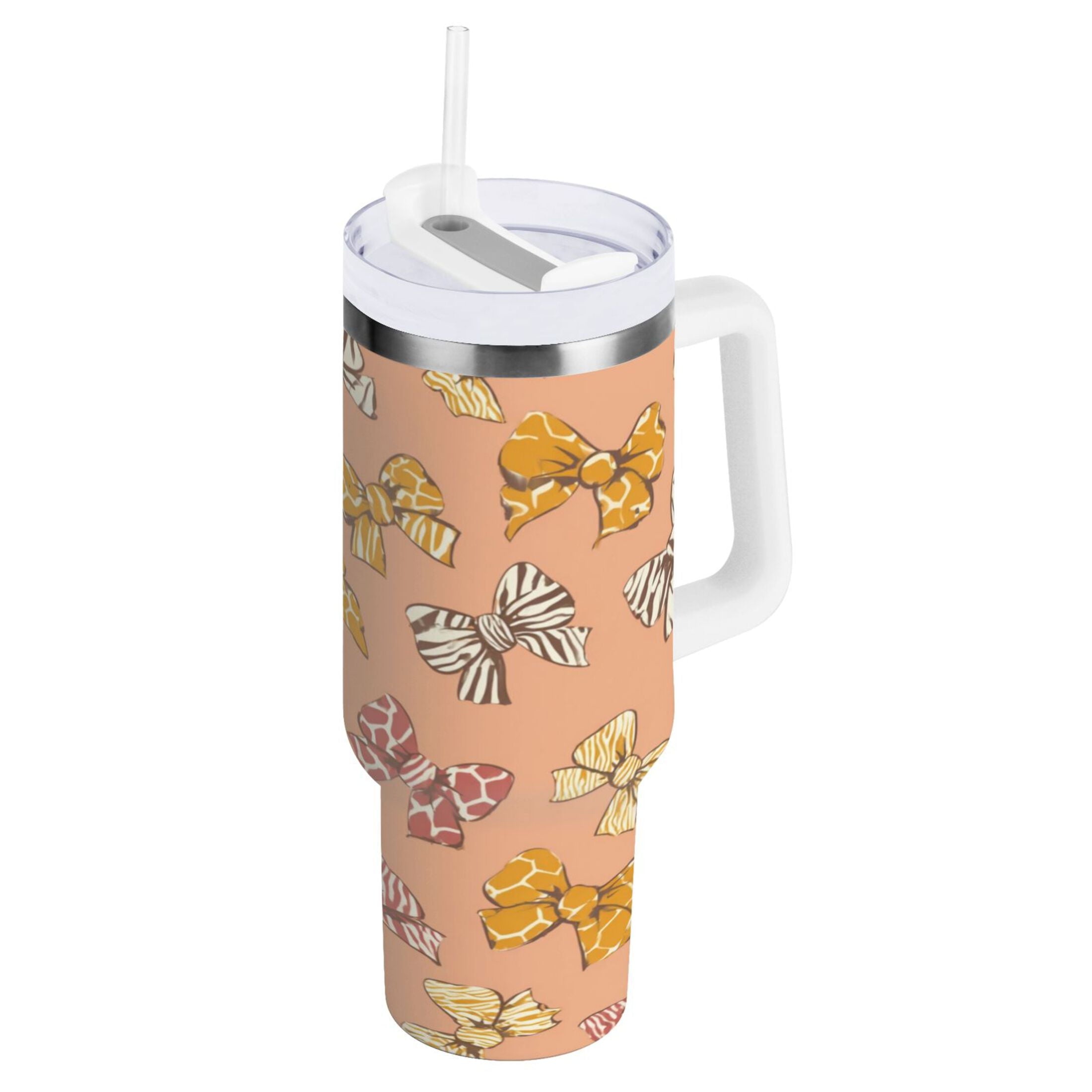 40 oz Insulated Stainless Steel Tumbler Double Wall Stainless Steel Tumbler with 2-Way Drinking Cute Animal Print Bows
