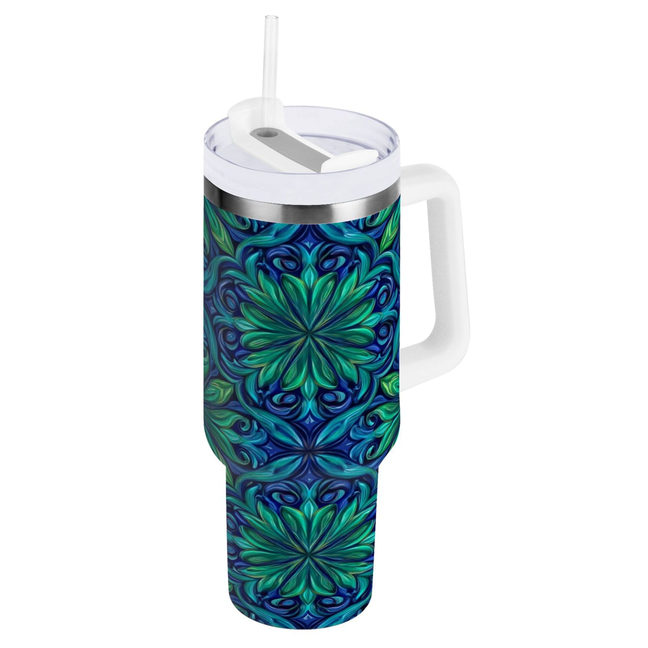 40 oz Insulated Stainless Steel Tumbler Double Wall Stainless Steel Tumbler with 2-Way Drinking Elegant Blue Traditional Patterns