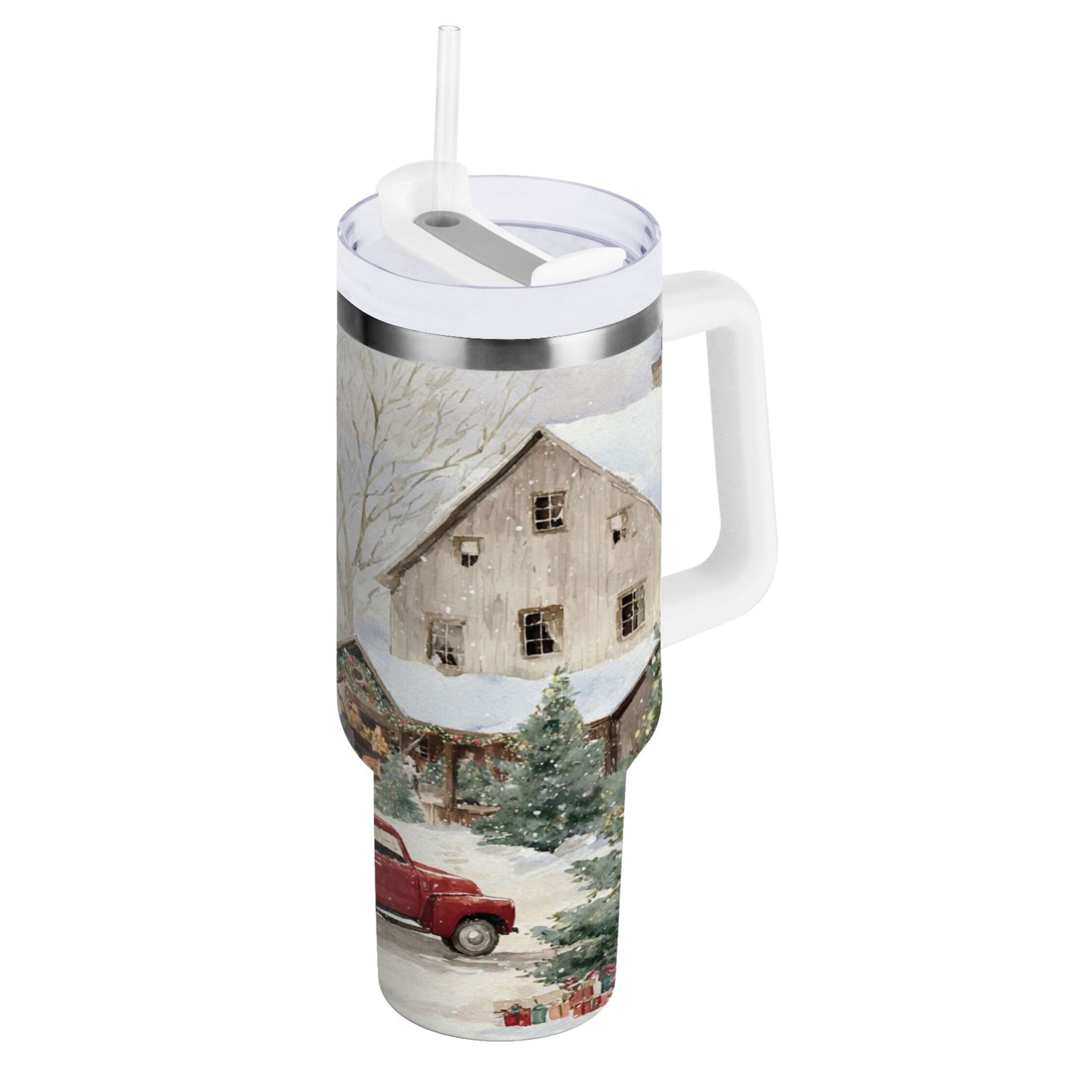 40 oz Insulated Stainless Steel Tumbler Double Wall Stainless Steel Tumbler with 2-Way Drinking Farm Snow Scene