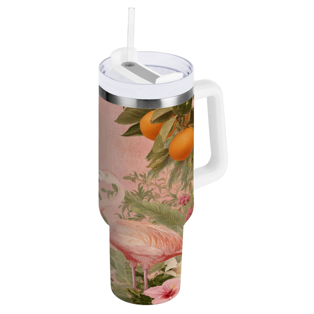 40 oz Insulated Stainless Steel Tumbler Double Wall Stainless Steel Tumbler with 2-Way Drinking Flamingos in Tropical Garden