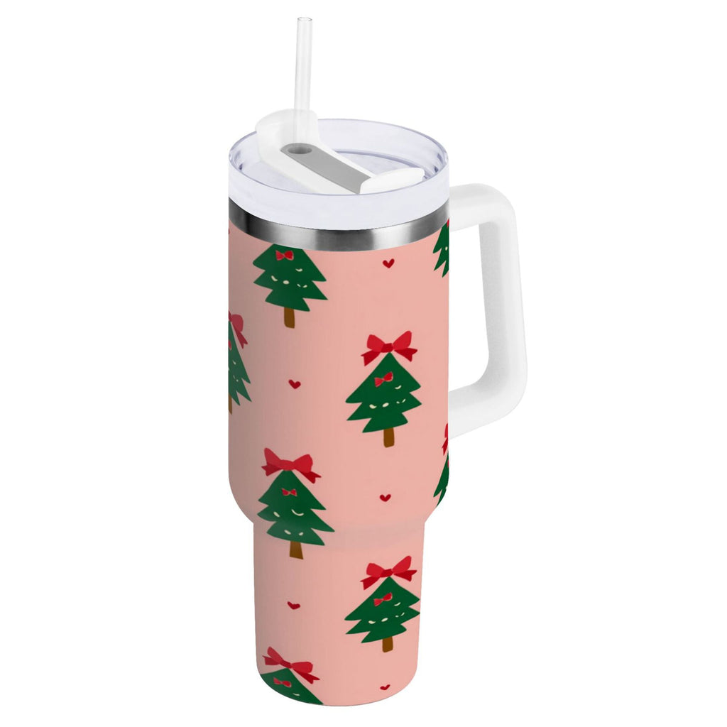 40 oz Insulated Stainless Steel Tumbler Double Wall Stainless Steel Tumbler with 2-Way Drinking Green Trees and Red Bows