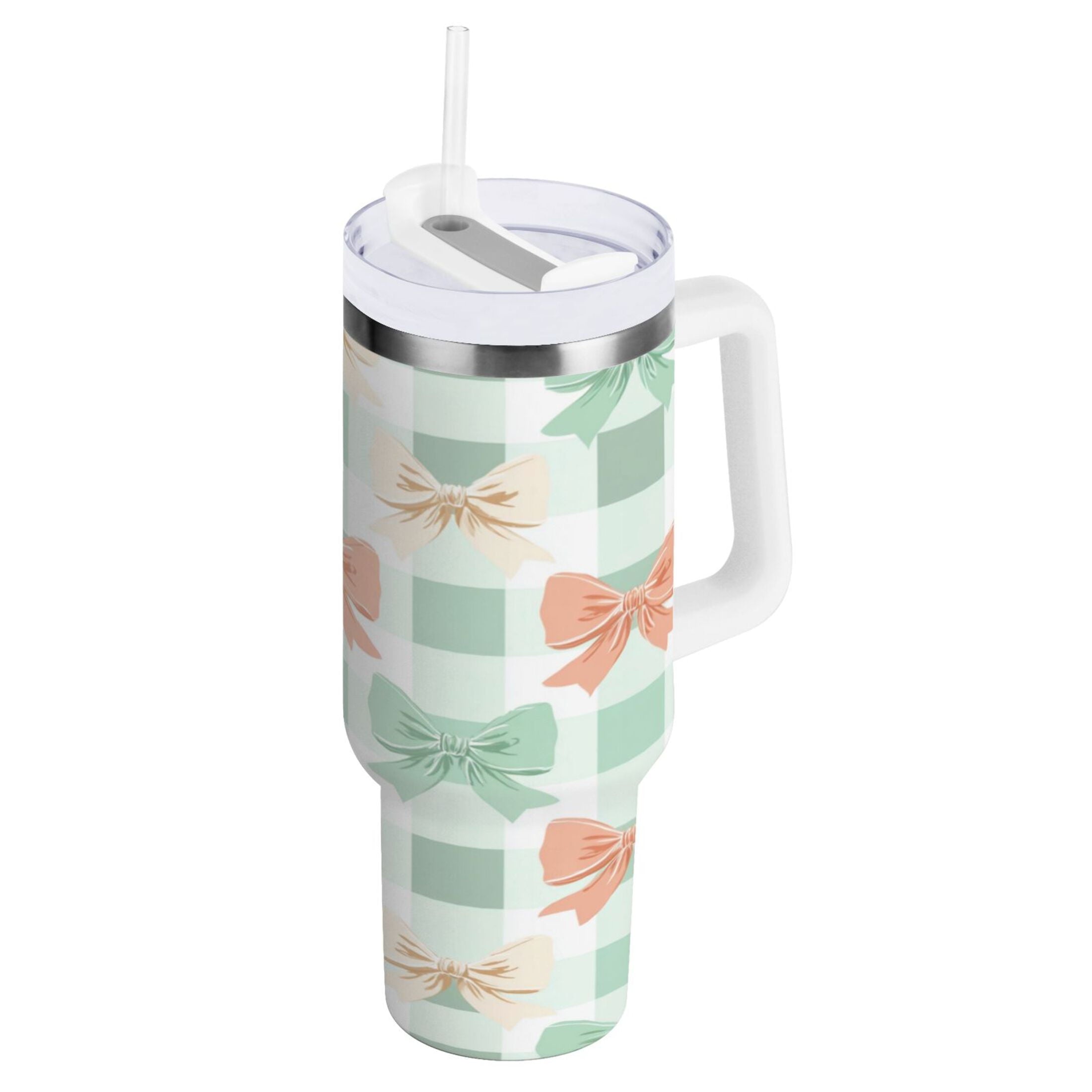 40 oz Insulated Stainless Steel Tumbler Double Wall Stainless Steel Tumbler with 2-Way Drinking Green and Peach Bow Pattern