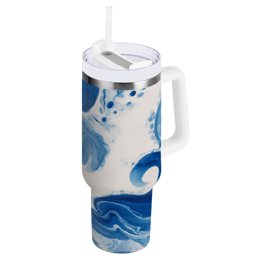 40 oz Insulated Stainless Steel Tumbler Double Wall Stainless Steel Tumbler with 2-Way Drinking Indigo Blue Tie-dye Pattern