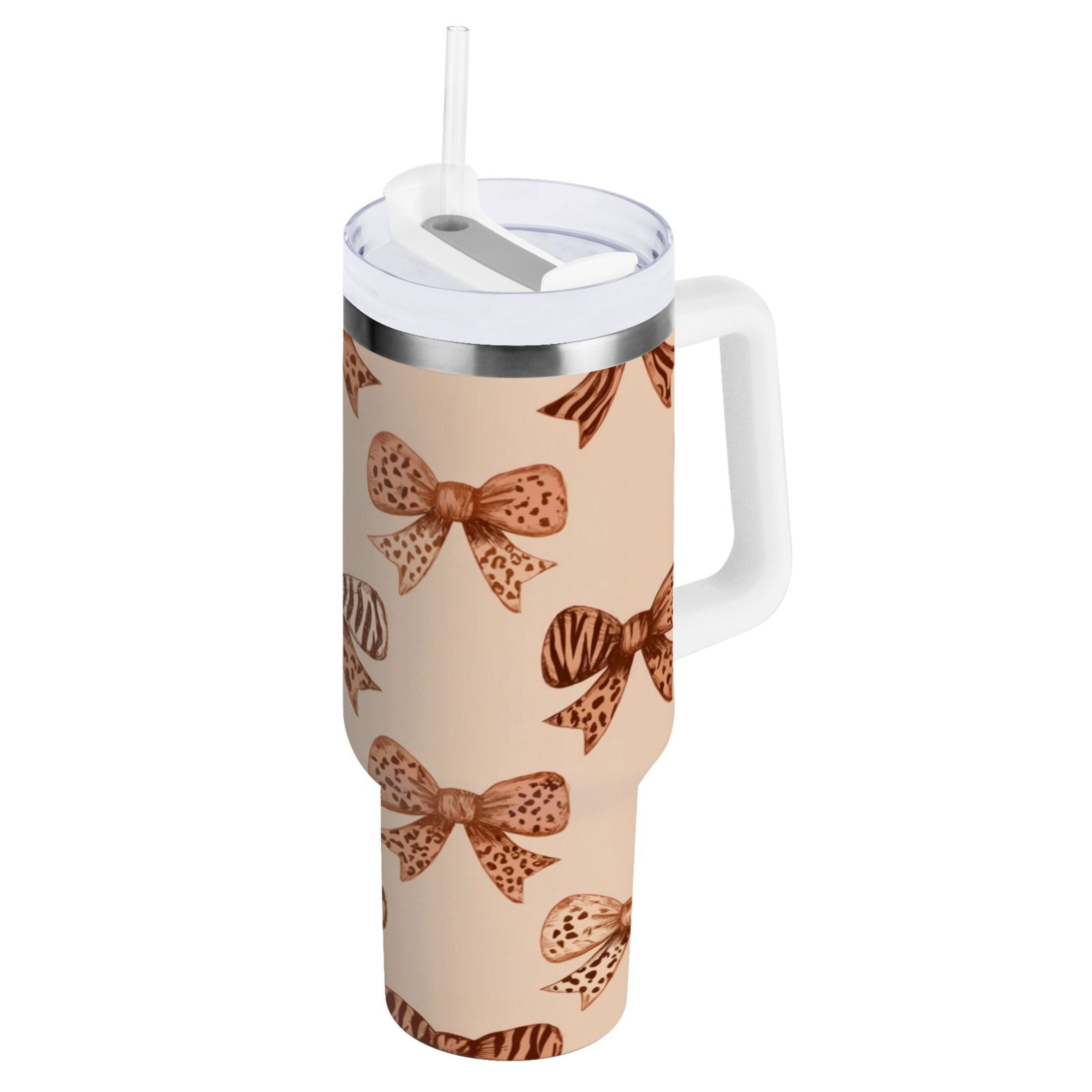 40 oz Insulated Stainless Steel Tumbler Double Wall Stainless Steel Tumbler with 2-Way Drinking Leopard Print Bow