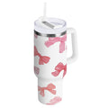 40 oz Insulated Stainless Steel Tumbler Double Wall Stainless Steel Tumbler with 2-Way Drinking Pink Bows Pattern
