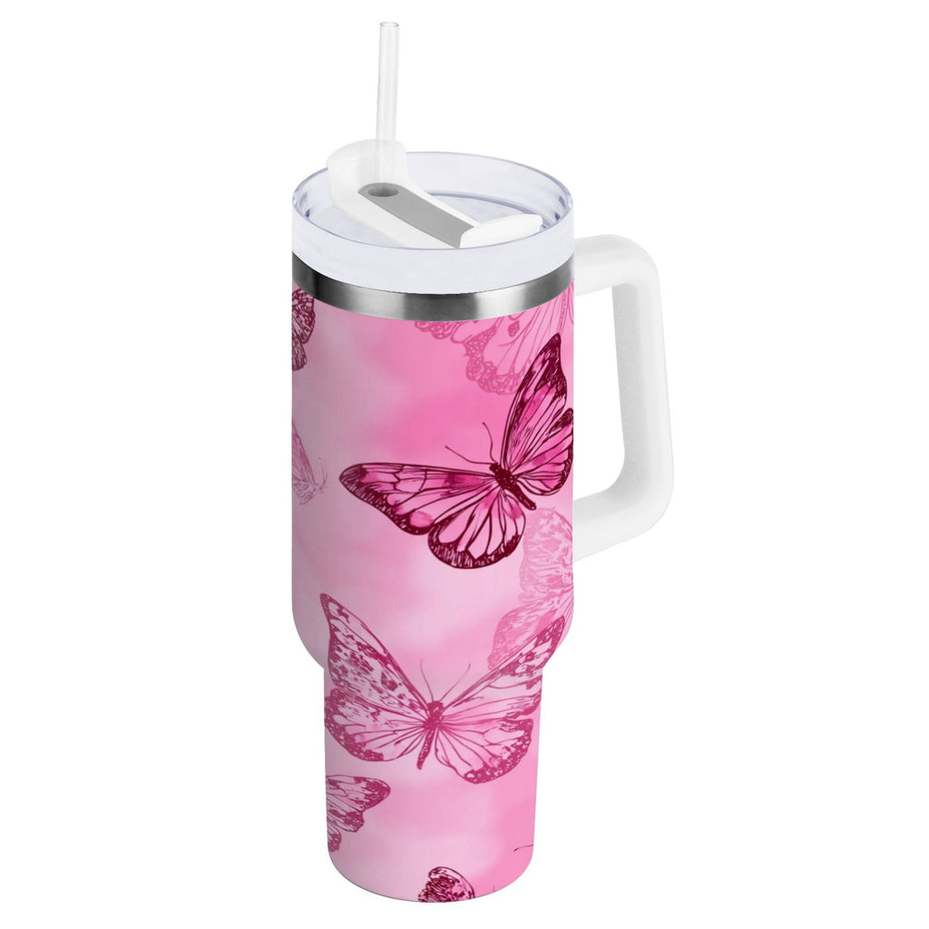 40 oz Insulated Stainless Steel Tumbler Double Wall Stainless Steel Tumbler with 2-Way Drinking Pink Butterfly Pattern