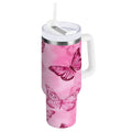 40 oz Insulated Stainless Steel Tumbler Double Wall Stainless Steel Tumbler with 2-Way Drinking Pink Butterfly Pattern