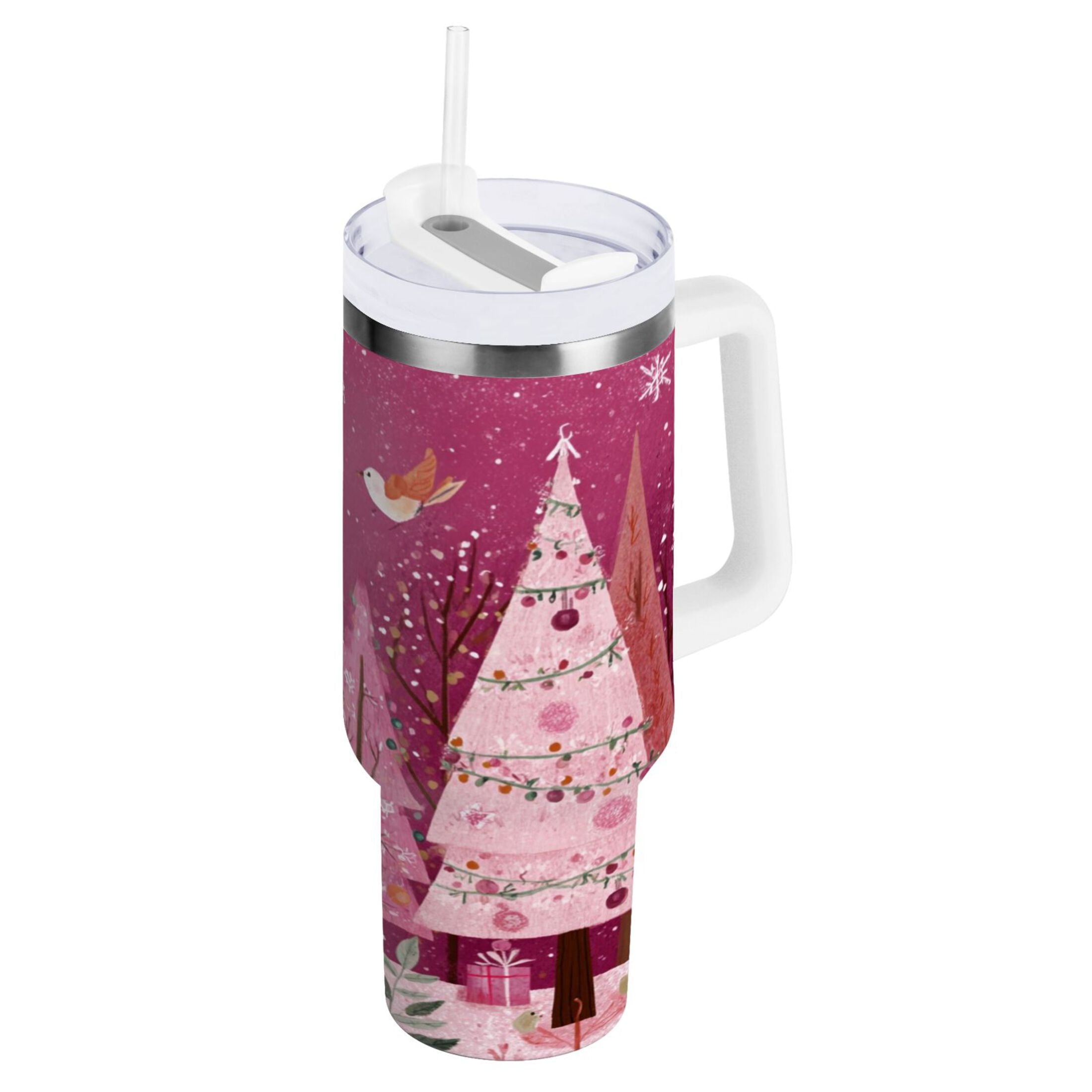 40 oz Insulated Stainless Steel Tumbler Double Wall Stainless Steel Tumbler with 2-Way Drinking Pink Christmas Forest