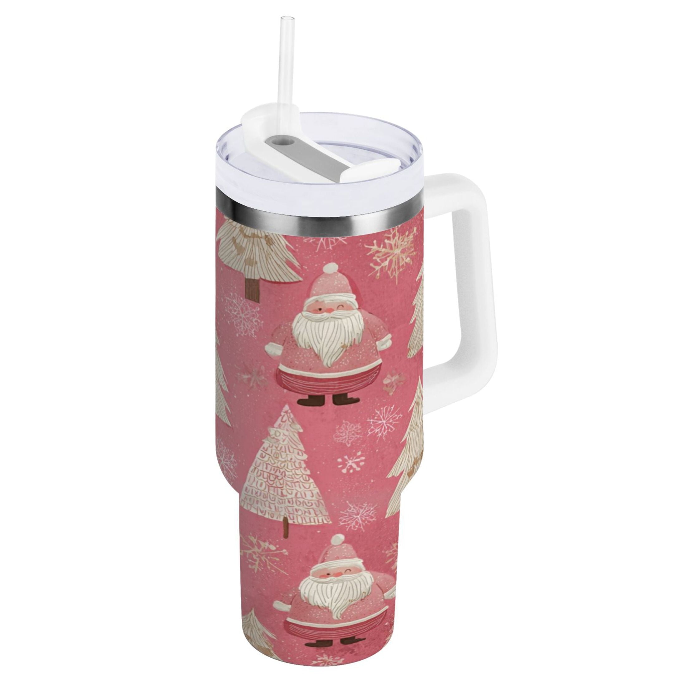 40 oz Insulated Stainless Steel Tumbler Double Wall Stainless Steel Tumbler with 2-Way Drinking Pink Santa Claus Pattern