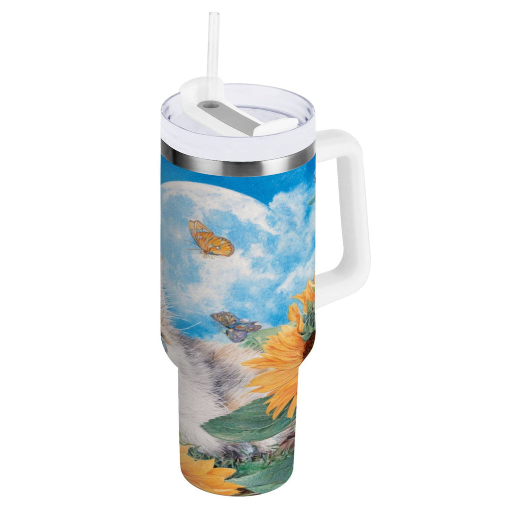 40 oz Insulated Stainless Steel Tumbler Double Wall Stainless Steel Tumbler with 2-Way Drinking Playful Cat Lying Sunflowers