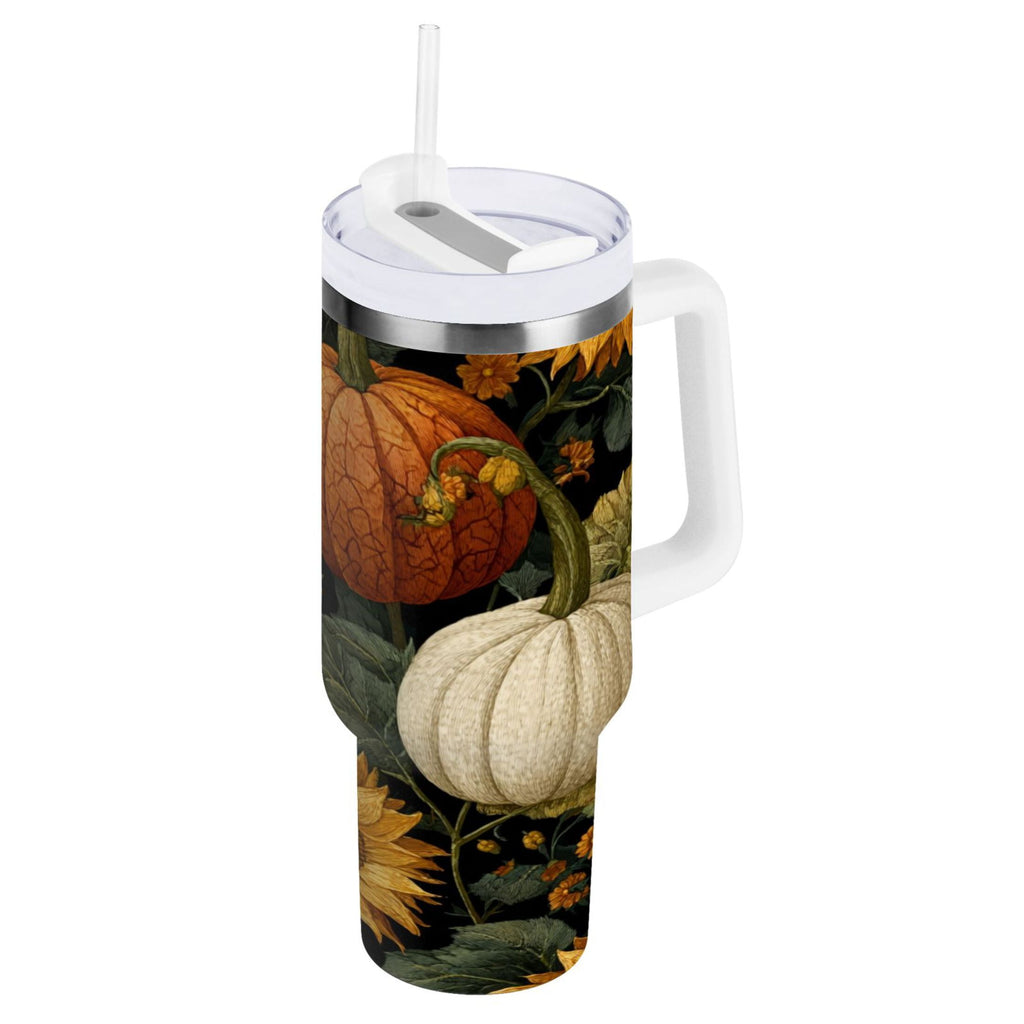 40 oz Insulated Stainless Steel Tumbler Double Wall Stainless Steel Tumbler with 2-Way Drinking Pumpkins and Sunflowers Pattern