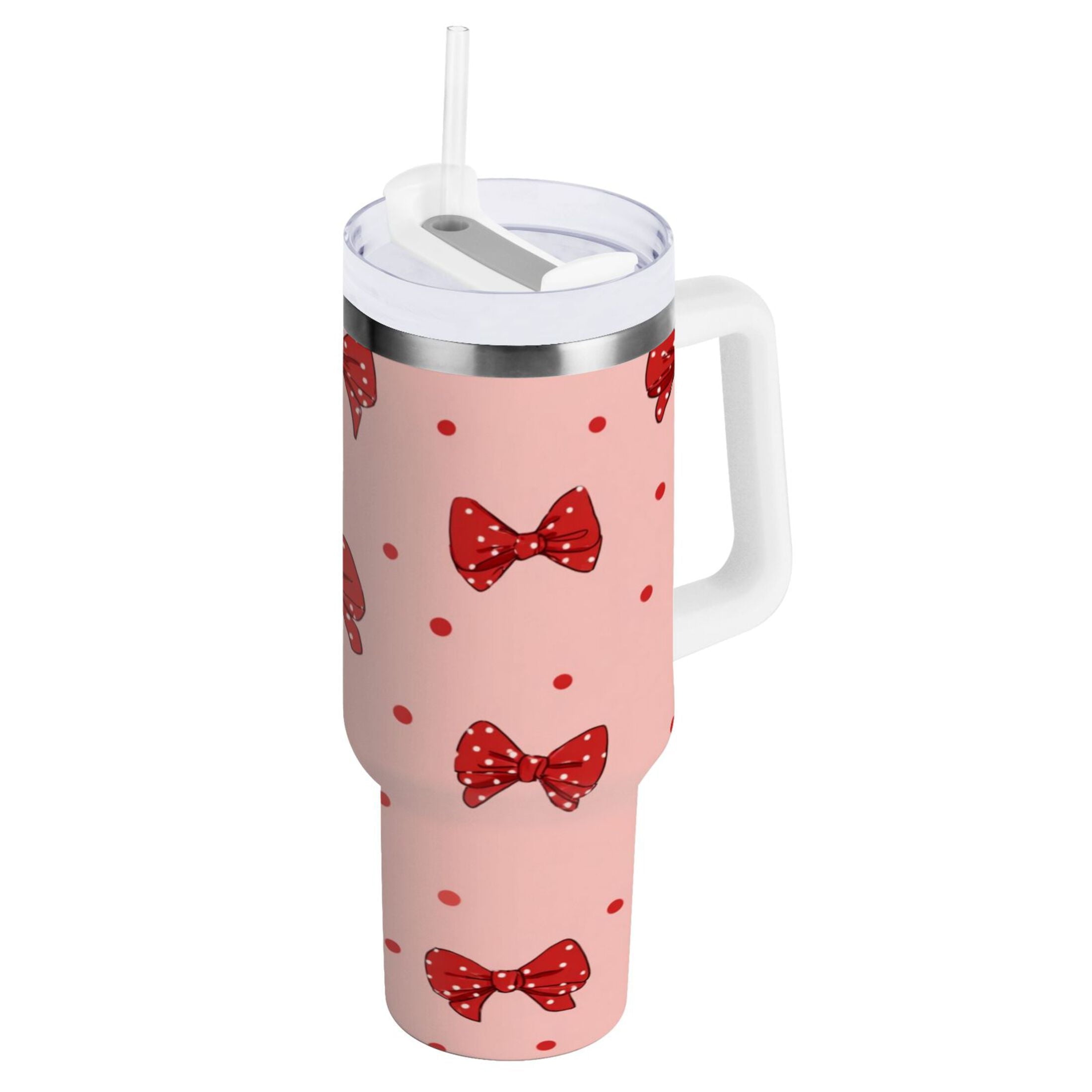 40 oz Insulated Stainless Steel Tumbler Double Wall Stainless Steel Tumbler with 2-Way Drinking Red Bows and Polka Dots