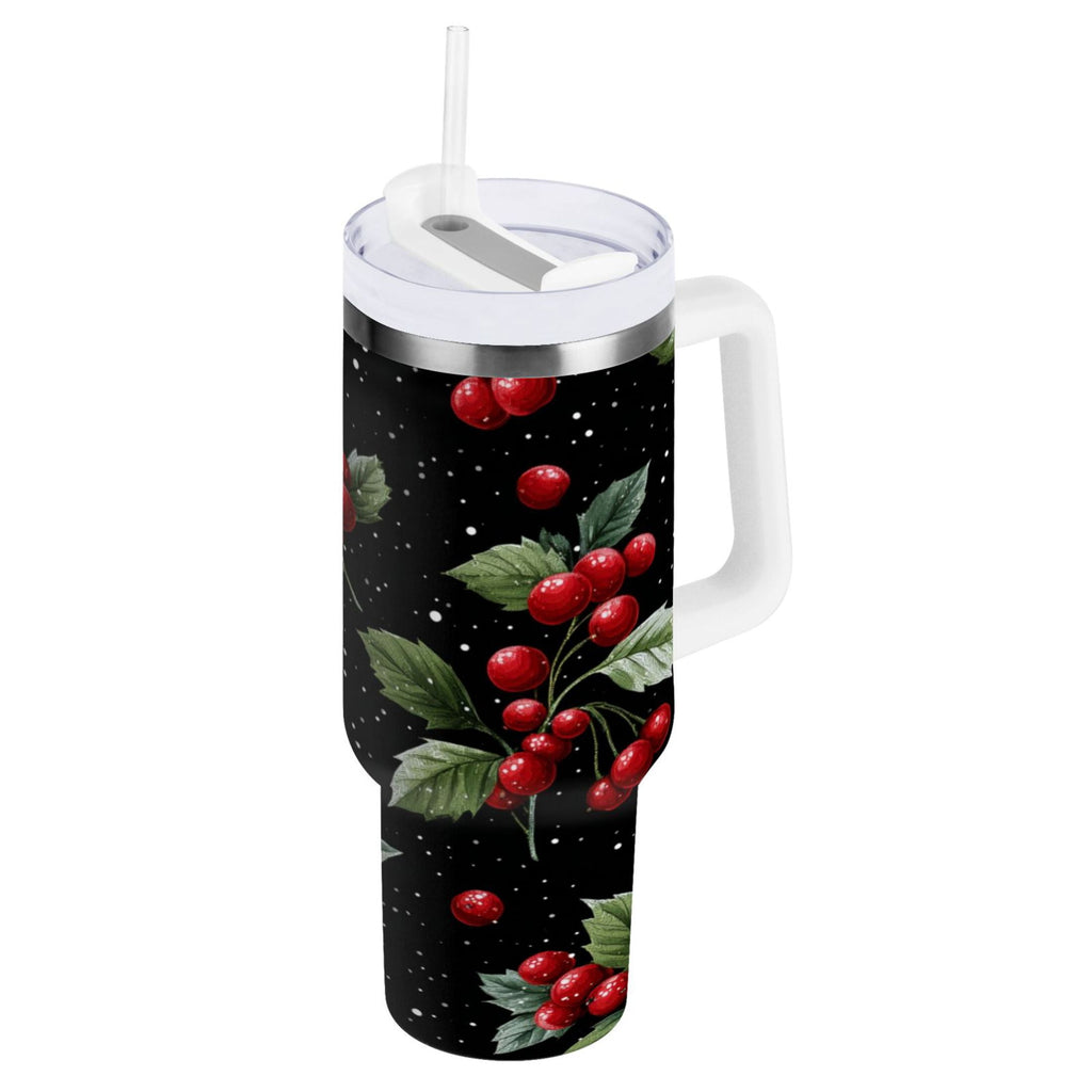 40 oz Insulated Stainless Steel Tumbler Double Wall Stainless Steel Tumbler with 2-Way Drinking Red Holly Berries Pattern