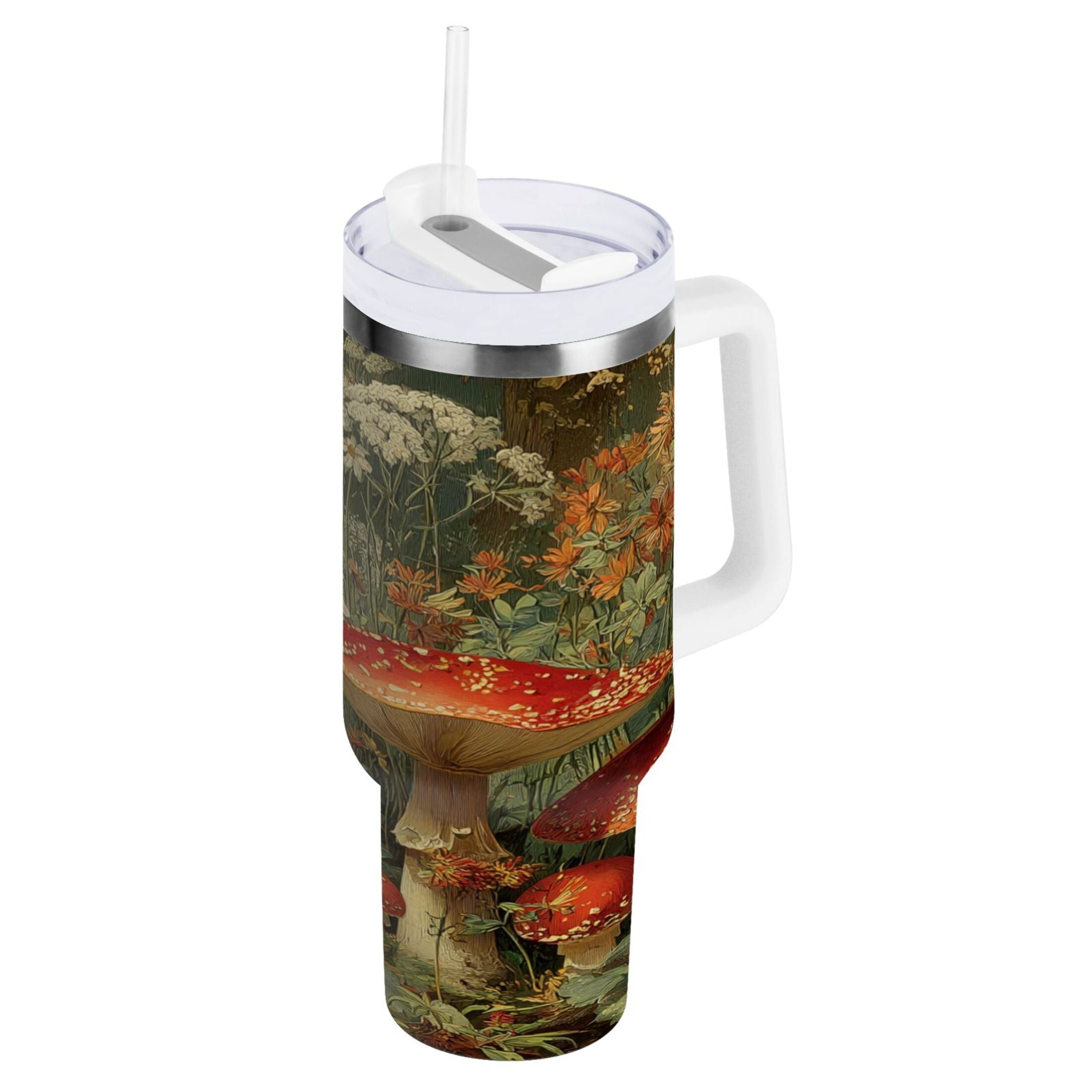 40 oz Insulated Stainless Steel Tumbler Double Wall Stainless Steel Tumbler with 2-Way Drinking Red Mushrooms