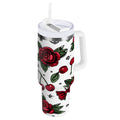 40 oz Insulated Stainless Steel Tumbler Double Wall Stainless Steel Tumbler with 2-Way Drinking Red Roses and Cherries