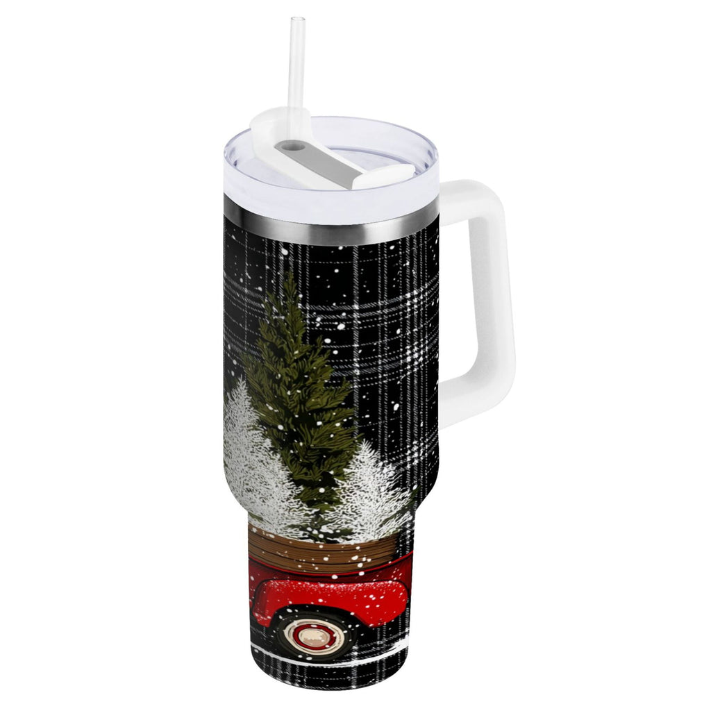 40 oz Insulated Stainless Steel Tumbler Double Wall Stainless Steel Tumbler with 2-Way Drinking Red Truck with Christmas Tree