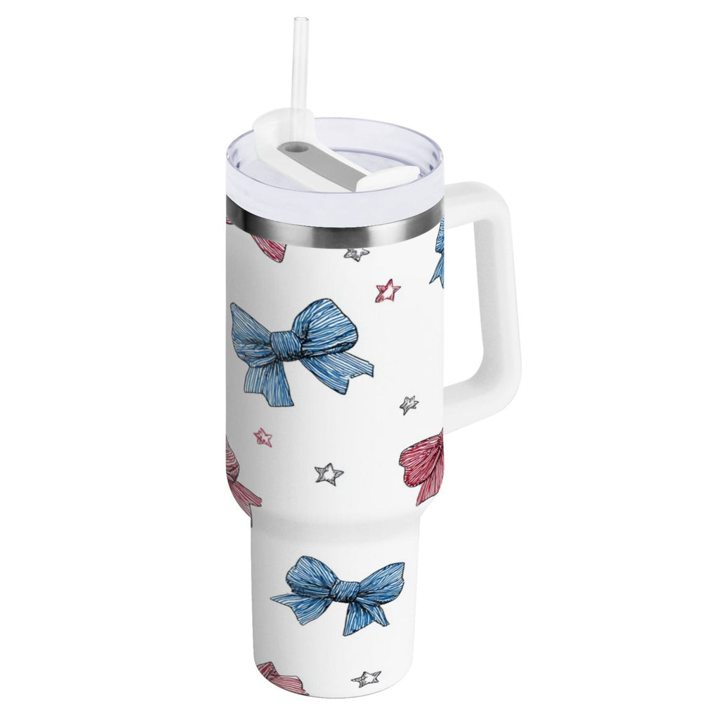 40 oz Insulated Stainless Steel Tumbler Double Wall Stainless Steel Tumbler with 2-Way Drinking Red and Blue Stripes Bows