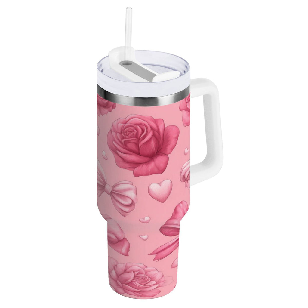 40 oz Insulated Stainless Steel Tumbler Double Wall Stainless Steel Tumbler with 2-Way Drinking Roses and Bows Pattern