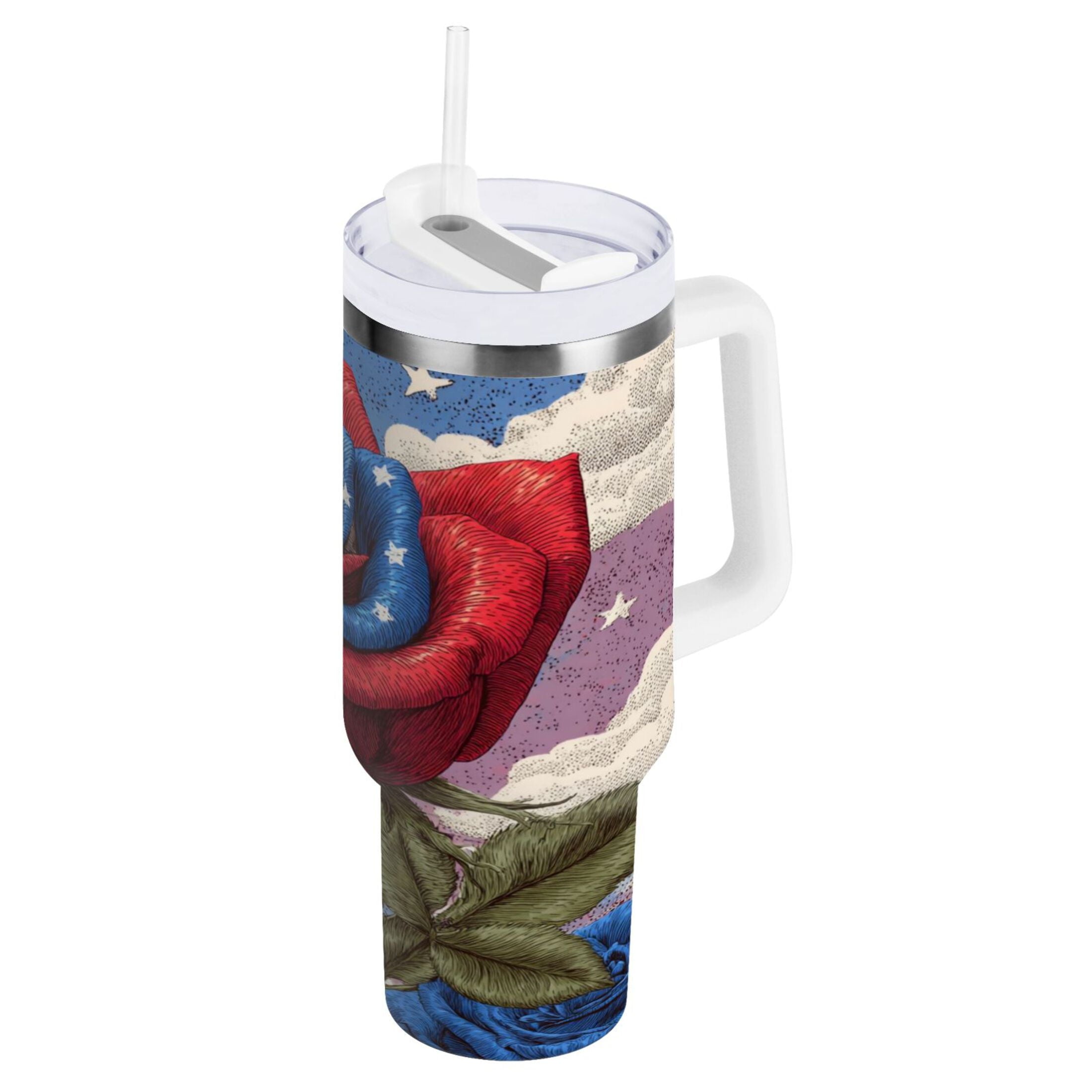 40 oz Insulated Stainless Steel Tumbler Double Wall Stainless Steel Tumbler with 2-Way Drinking Roses and Clouds