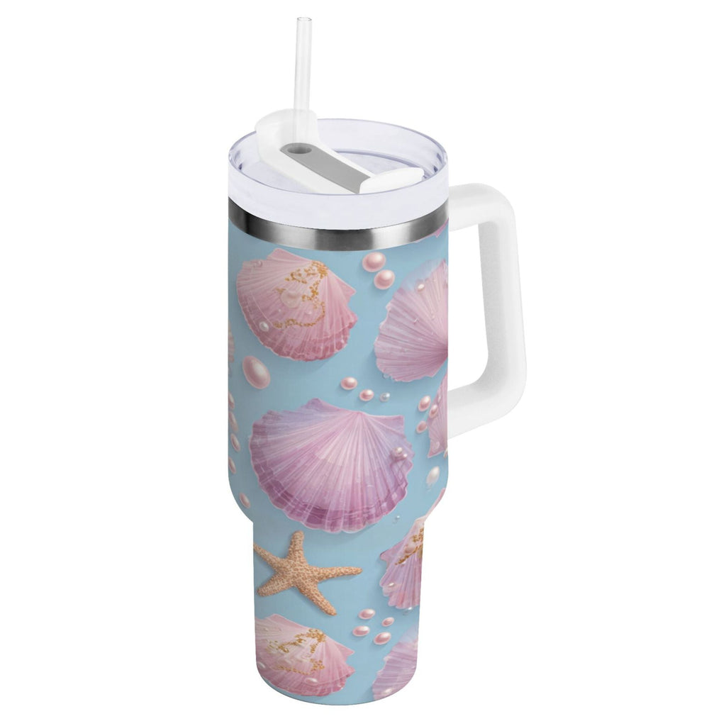 40 oz Insulated Stainless Steel Tumbler Double Wall Stainless Steel Tumbler with 2-Way Drinking Seashells and Pearls Pattern