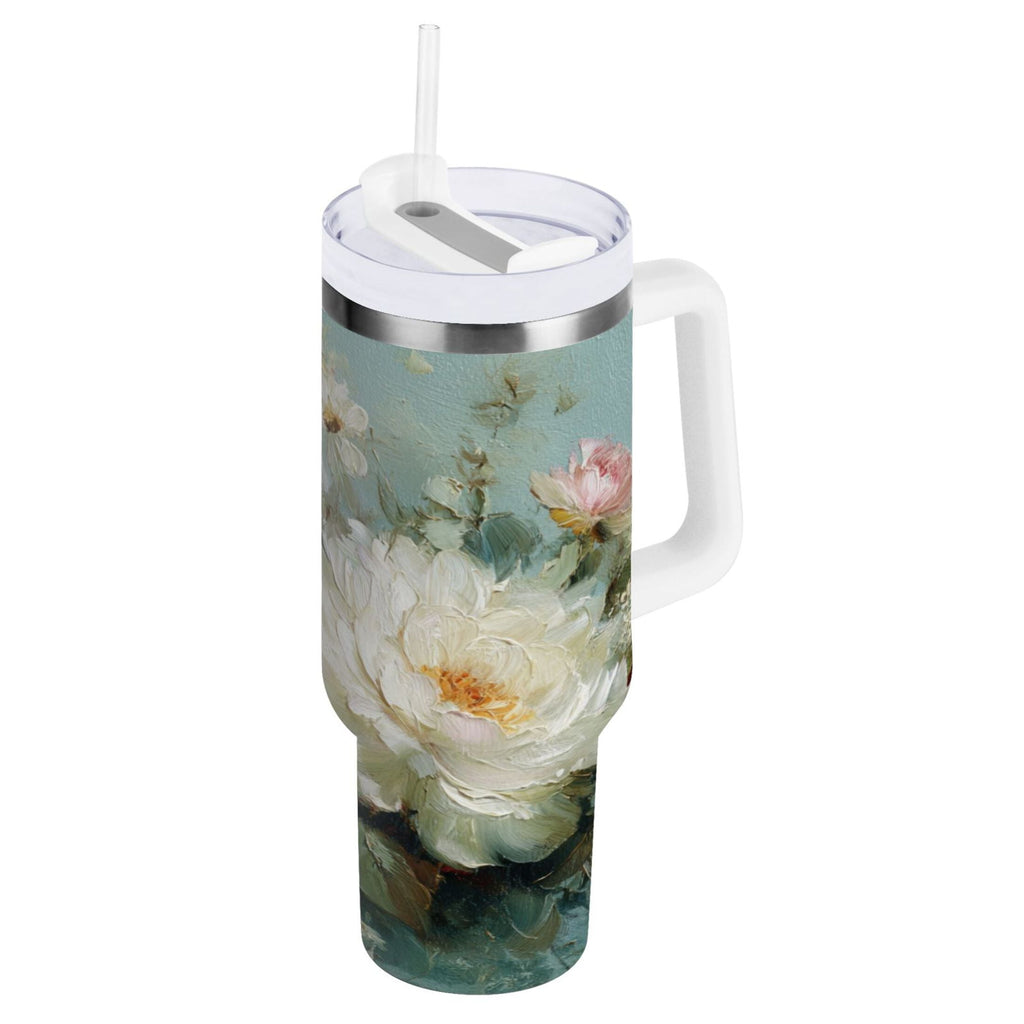 40 oz Insulated Stainless Steel Tumbler Double Wall Stainless Steel Tumbler with 2-Way Drinking Vintage Peonies and Daisies